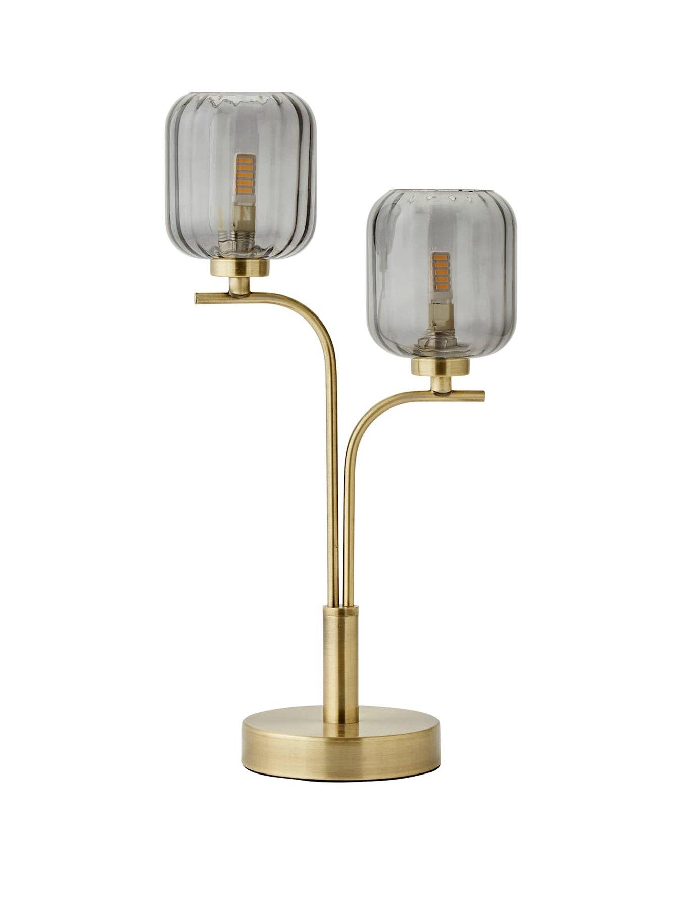 Image 2 of 7 of ValueLights Amelie Gold 2 Way Table Lamp with Smoked Ribbed Glass Shades