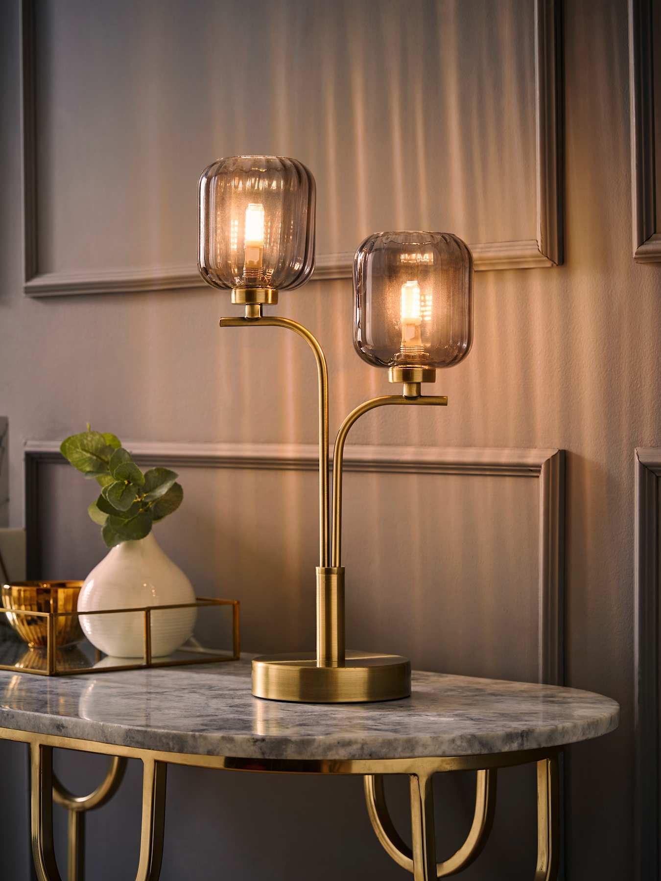 Image 5 of 7 of ValueLights Amelie Gold 2 Way Table Lamp with Smoked Ribbed Glass Shades