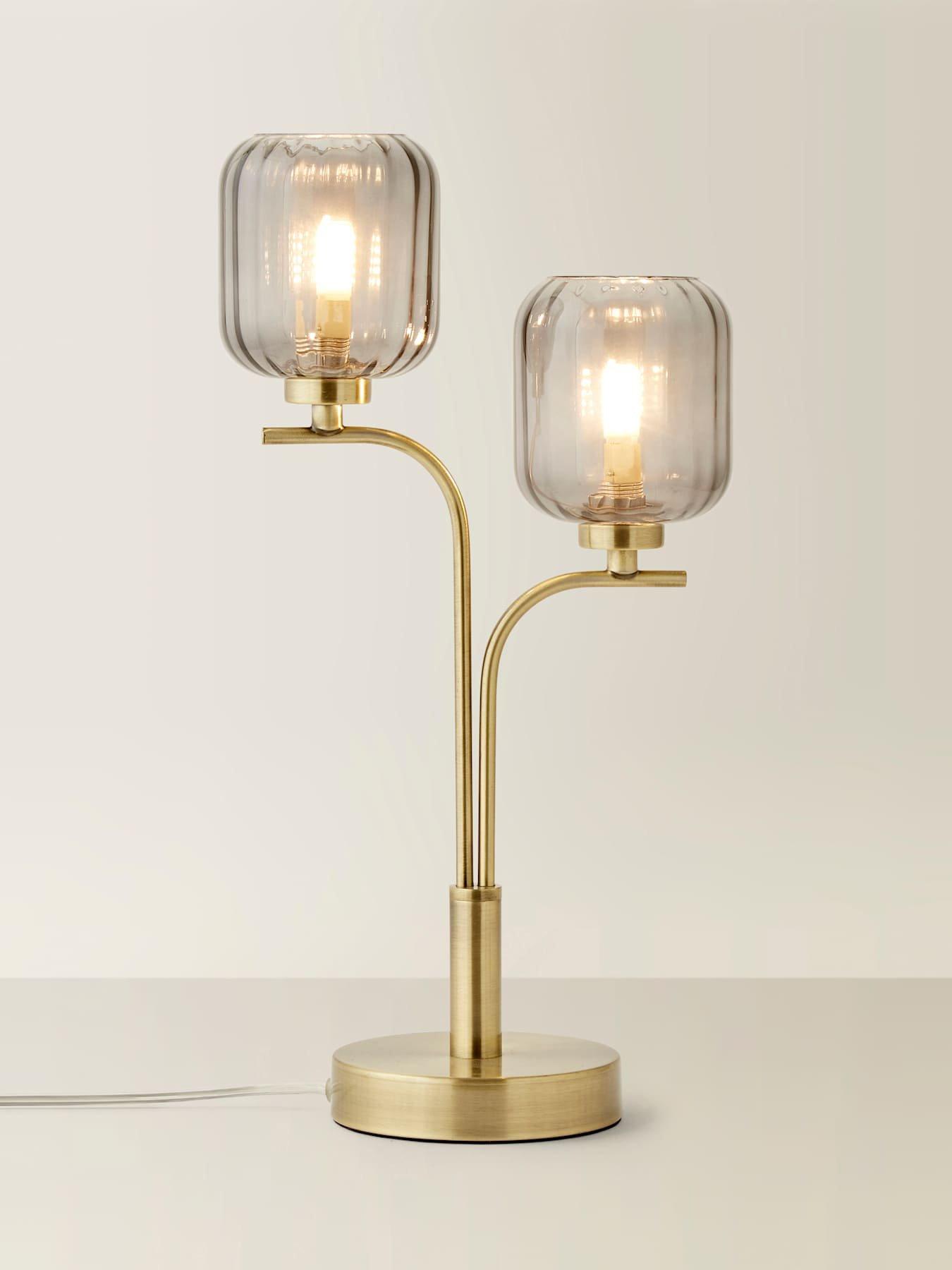 Image 6 of 7 of ValueLights Amelie Gold 2 Way Table Lamp with Smoked Ribbed Glass Shades