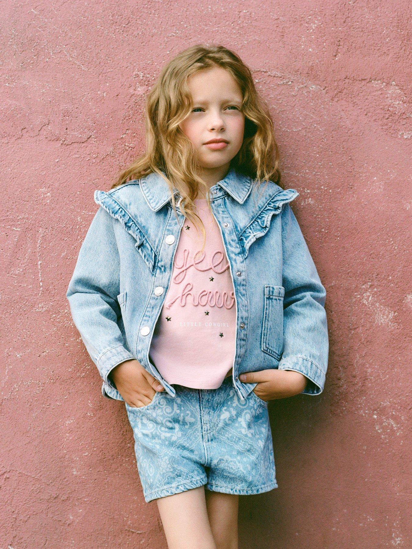 Mango Younger Girls Frill Denim Jacket, Light Blue, Size 18-24 Months