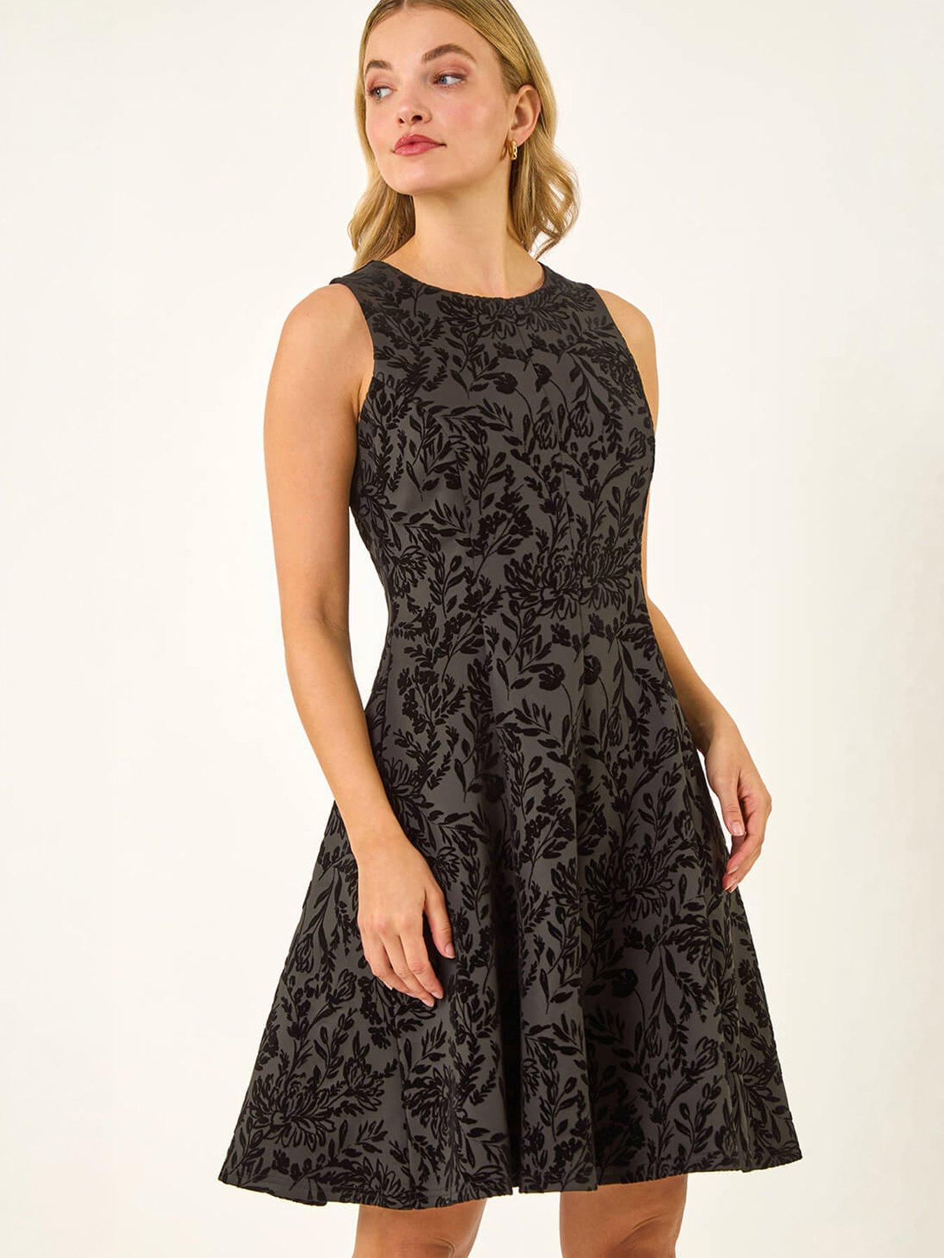 Roman Dusk Flocked Premium Stretch Dress - Black
