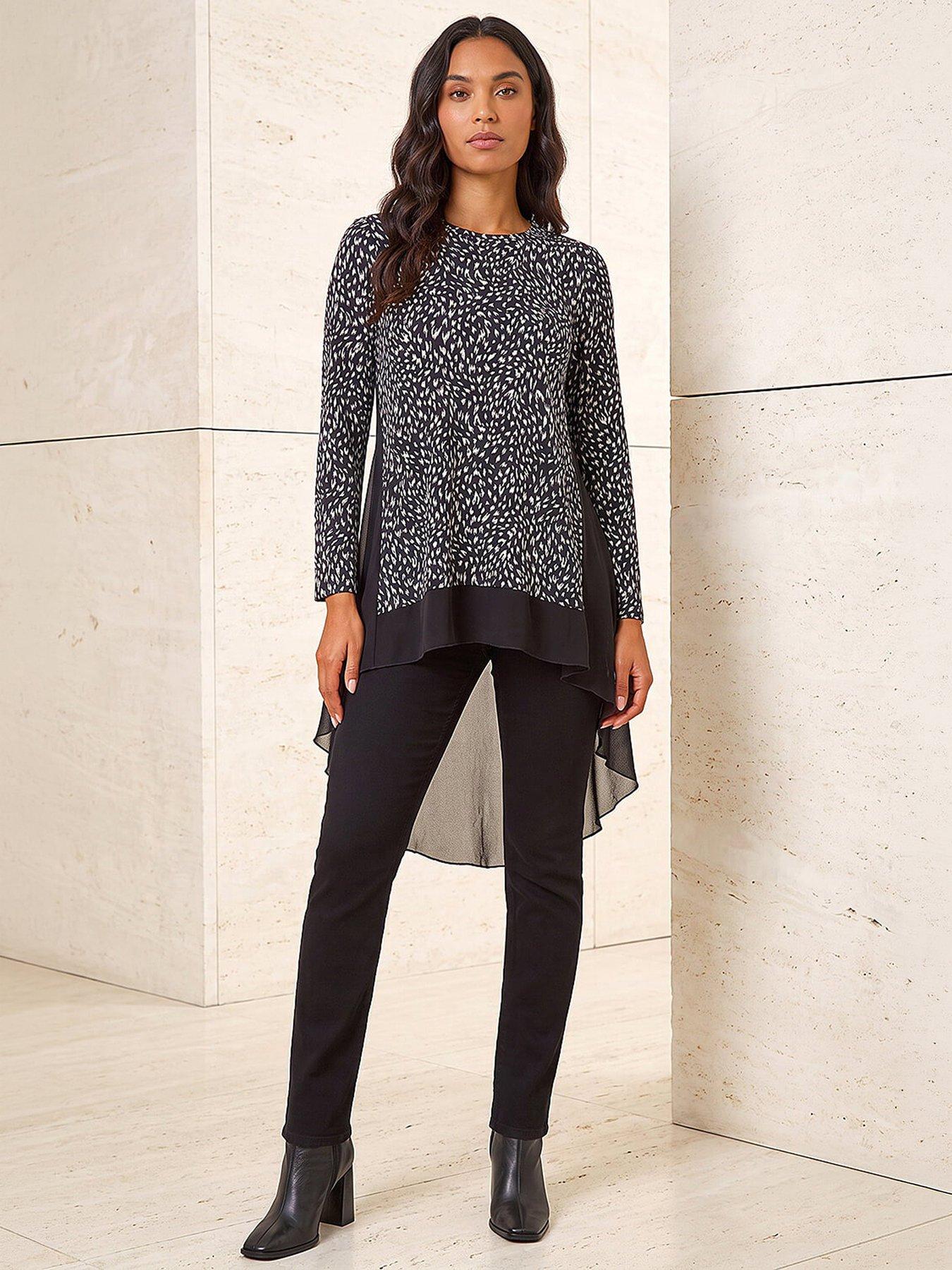 Roman Women's Black Spot Print Chiffon Hem Stretch Top In | : Size 10 - Image 3