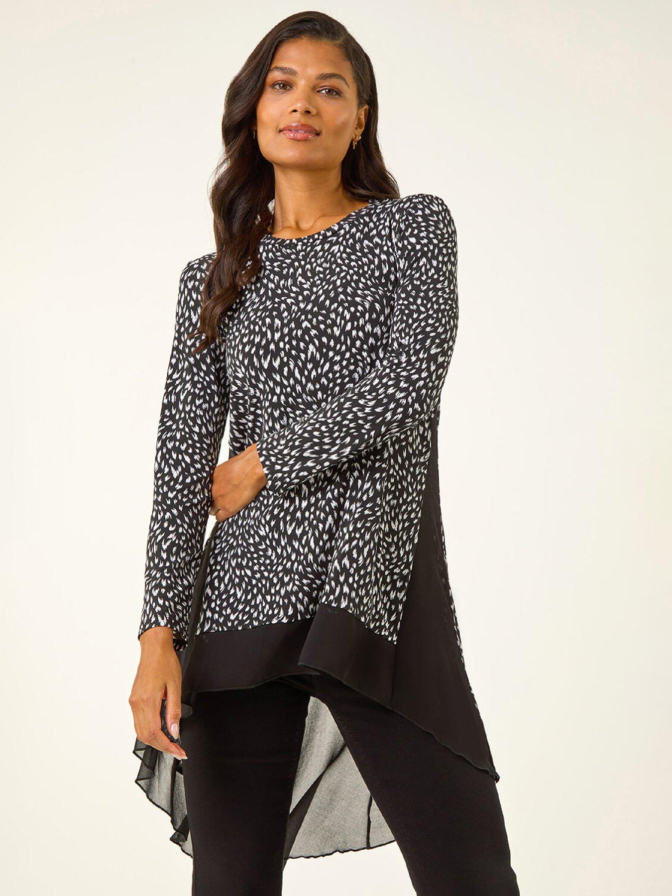 Image 1 of 5 of Roman Spot Print Chiffon Hem Stretch Top - Black
