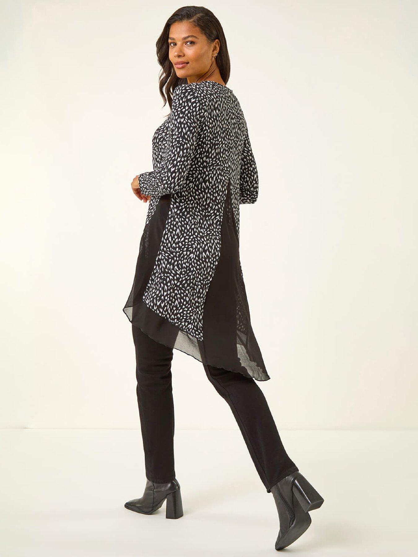 Image 2 of 5 of Roman Spot Print Chiffon Hem Stretch Top - Black