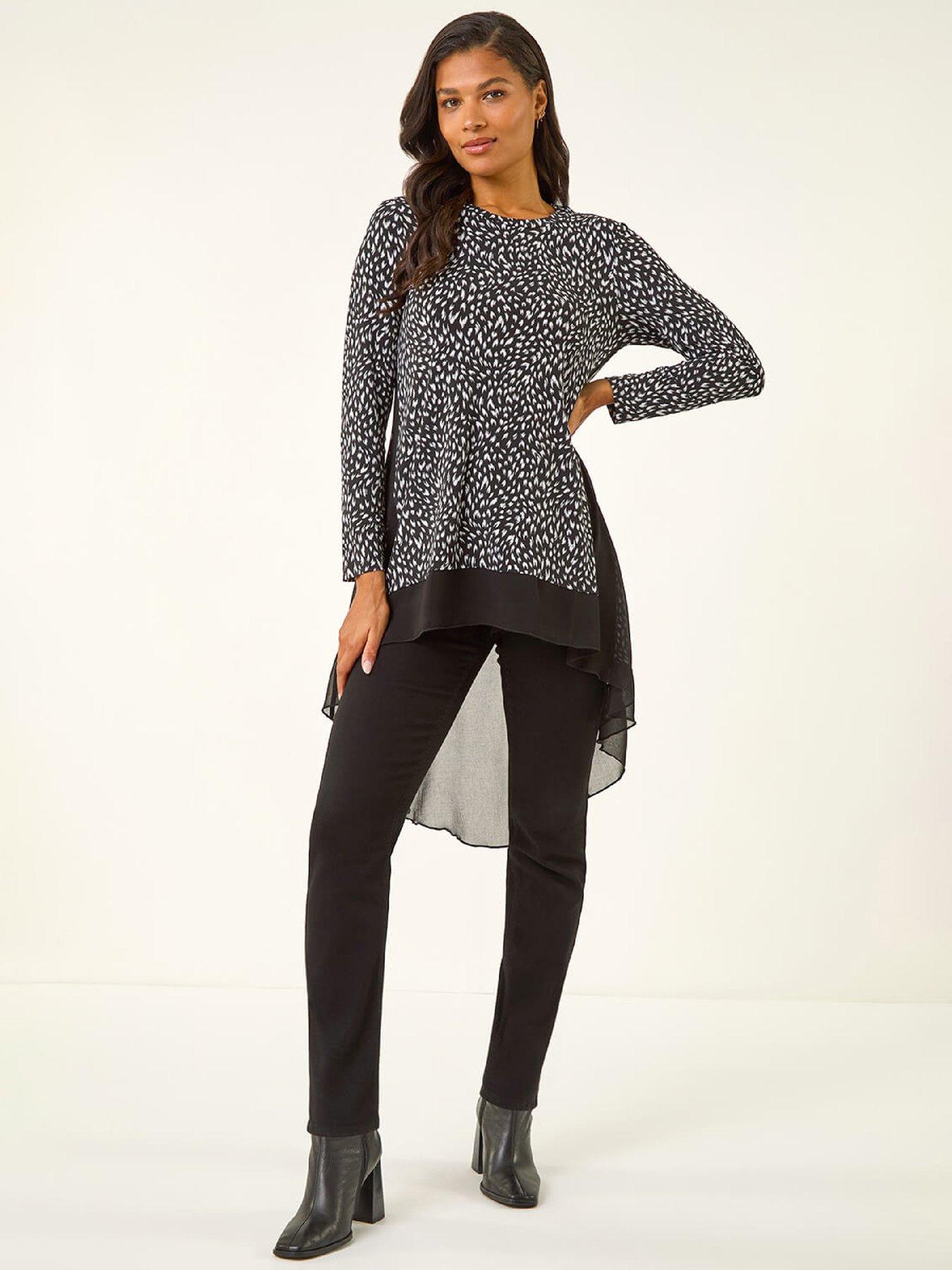 Image 3 of 5 of Roman Spot Print Chiffon Hem Stretch Top - Black