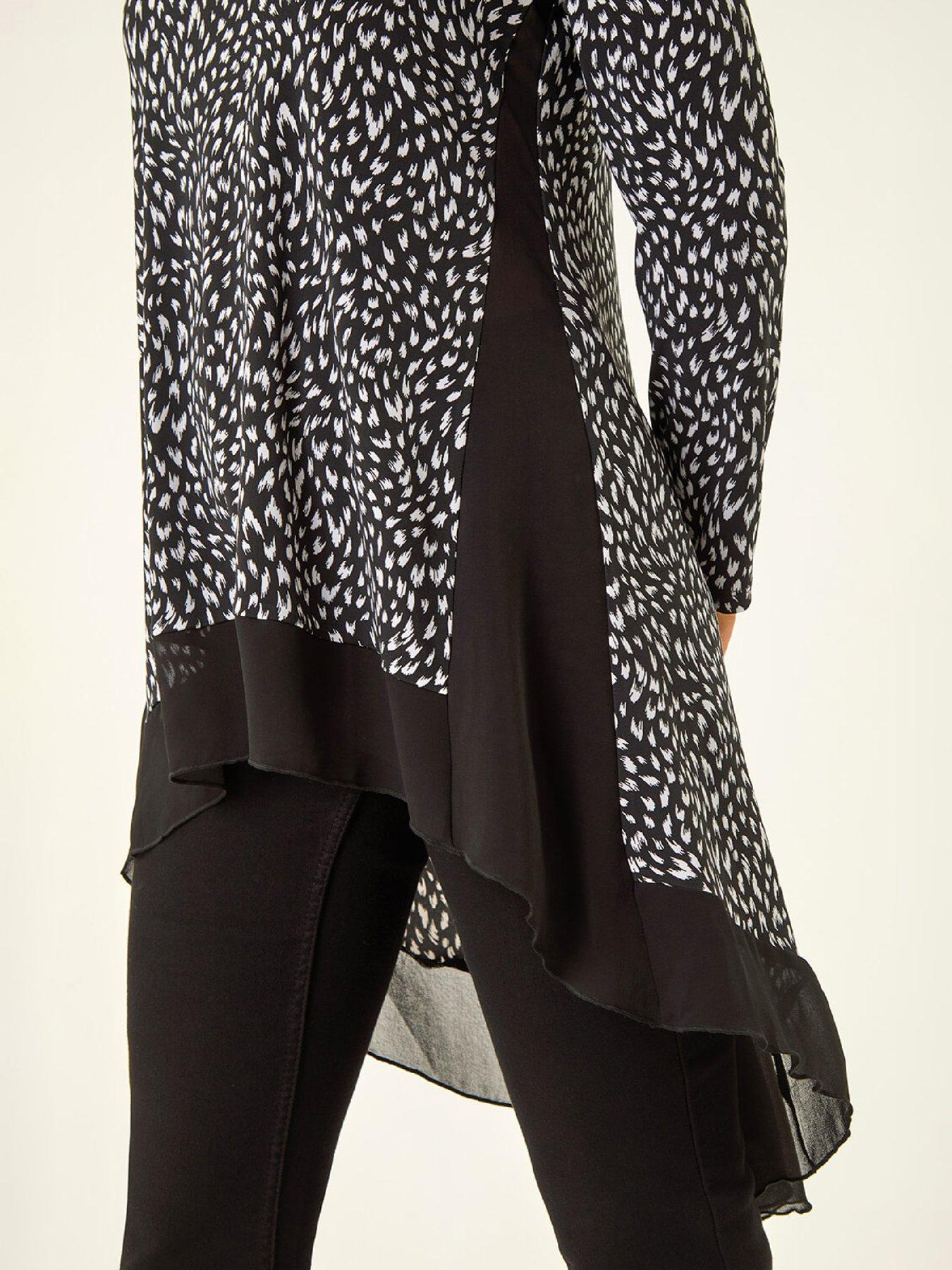 Image 5 of 5 of Roman Spot Print Chiffon Hem Stretch Top - Black