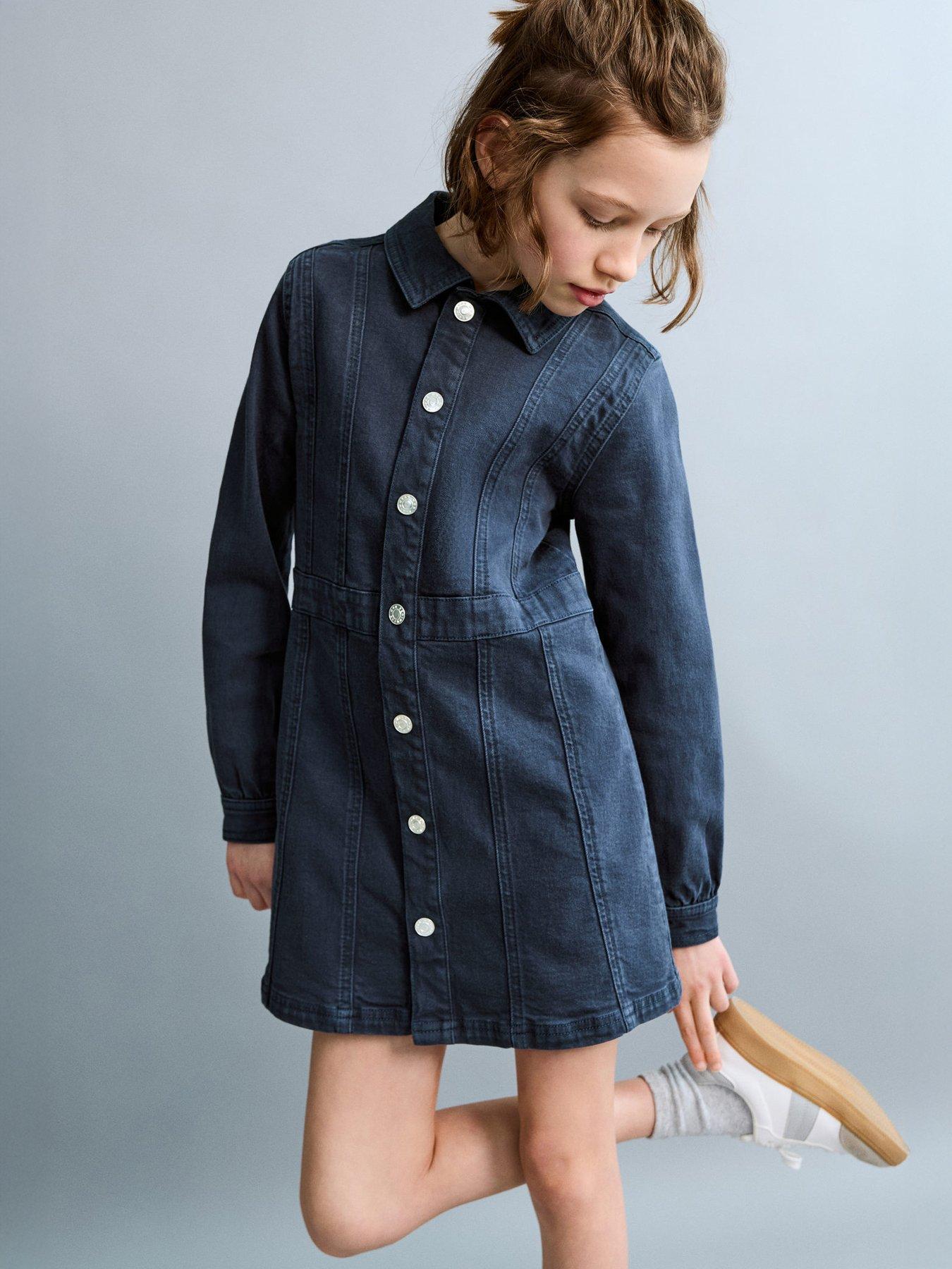 Mango: Girls Long Sleeve Button Through Denim Dress - Navy
