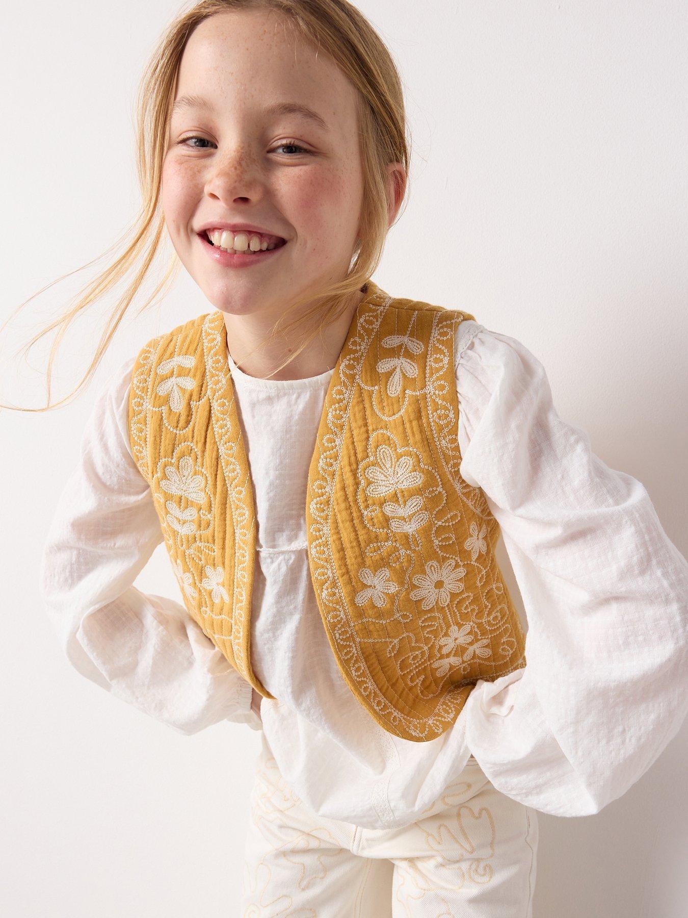 Mango Girls Flower Waistcoat, Yellow, Size 7-8 Years