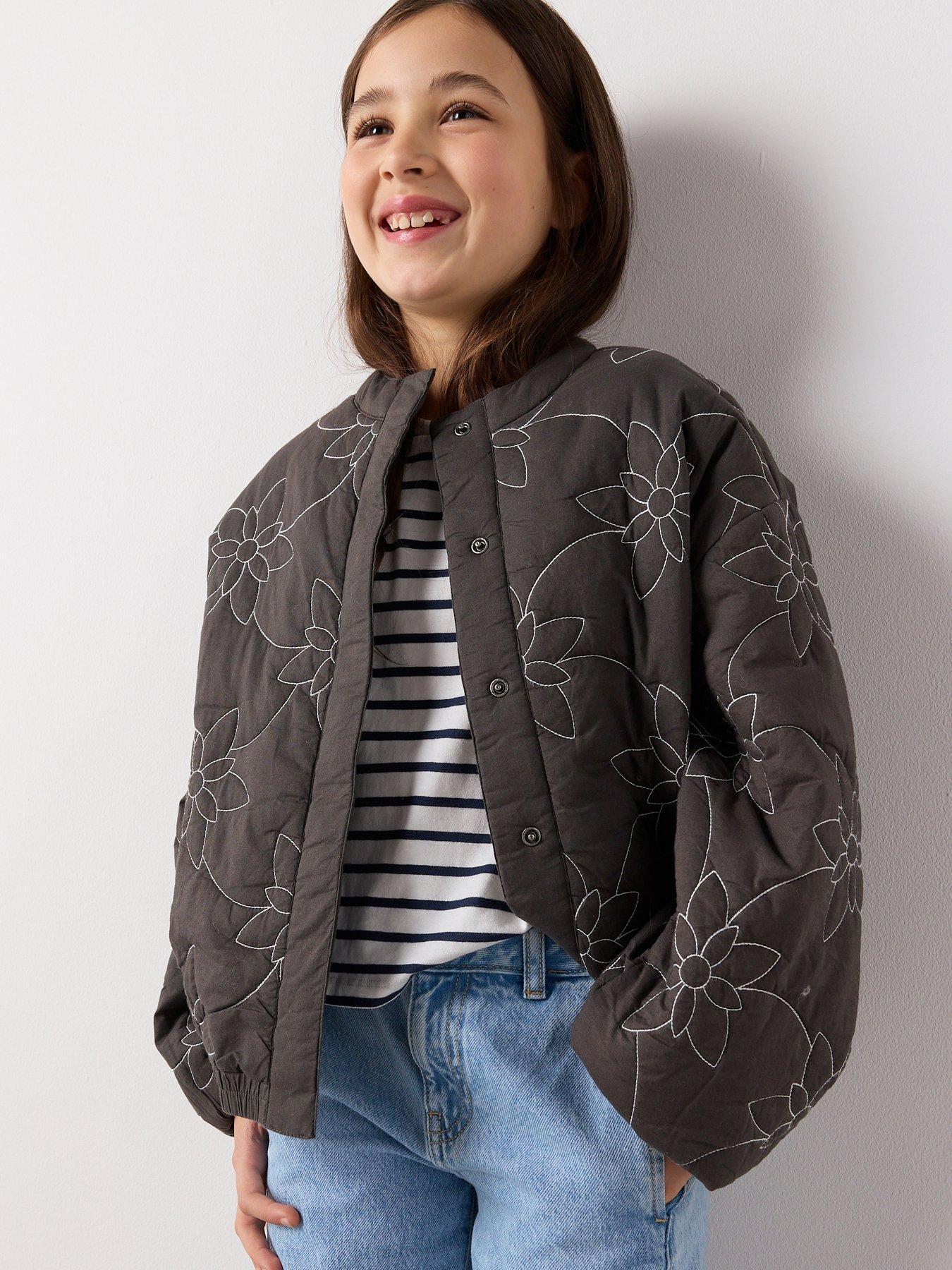 Mango Girls Flower Embroidered Jacket, Dark Grey, Size 13-14 Years