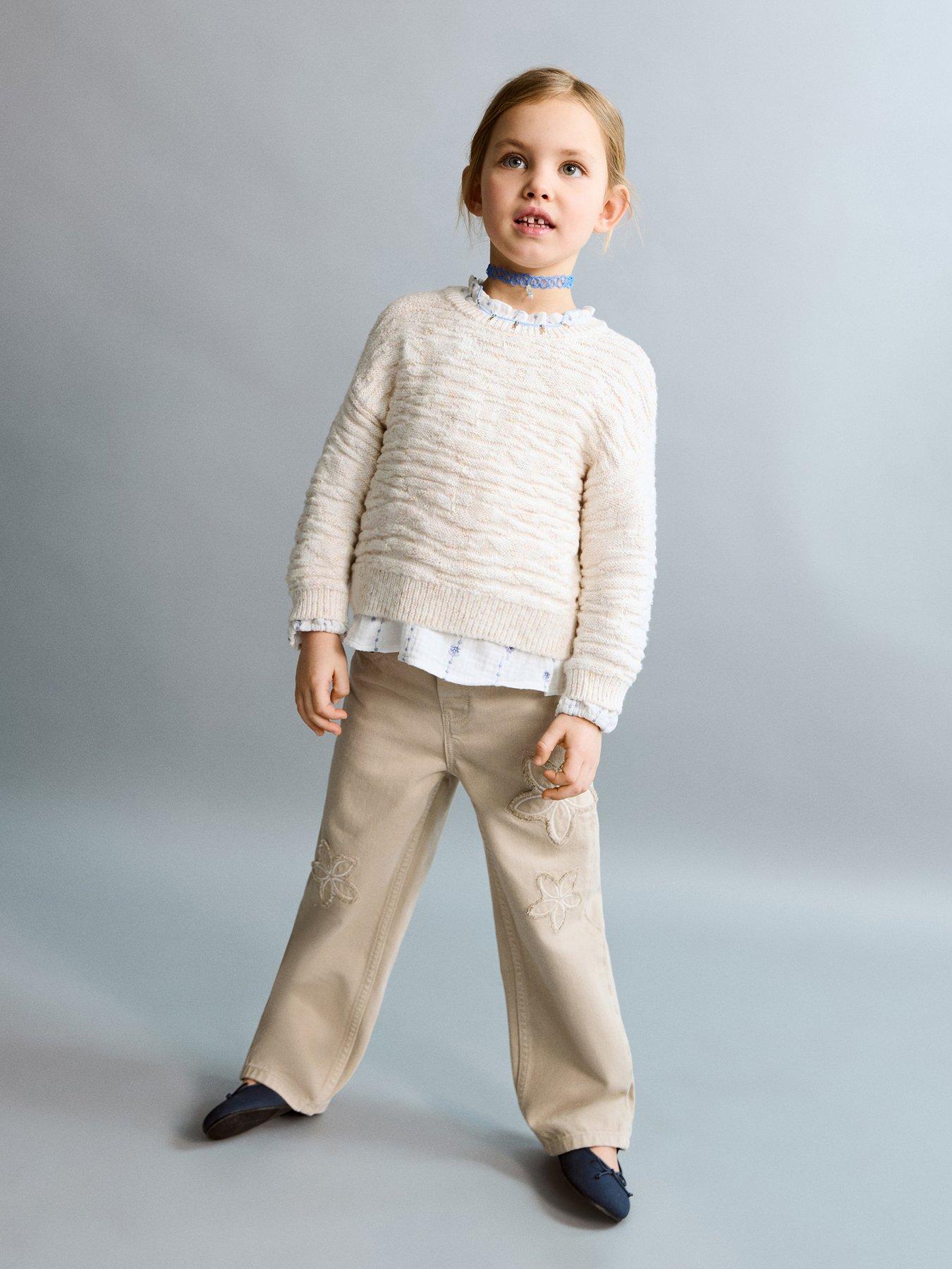 Mango Younger Girls Floral Patch Wide Leg Jeans, Grey, Size Age: 12-18 Months