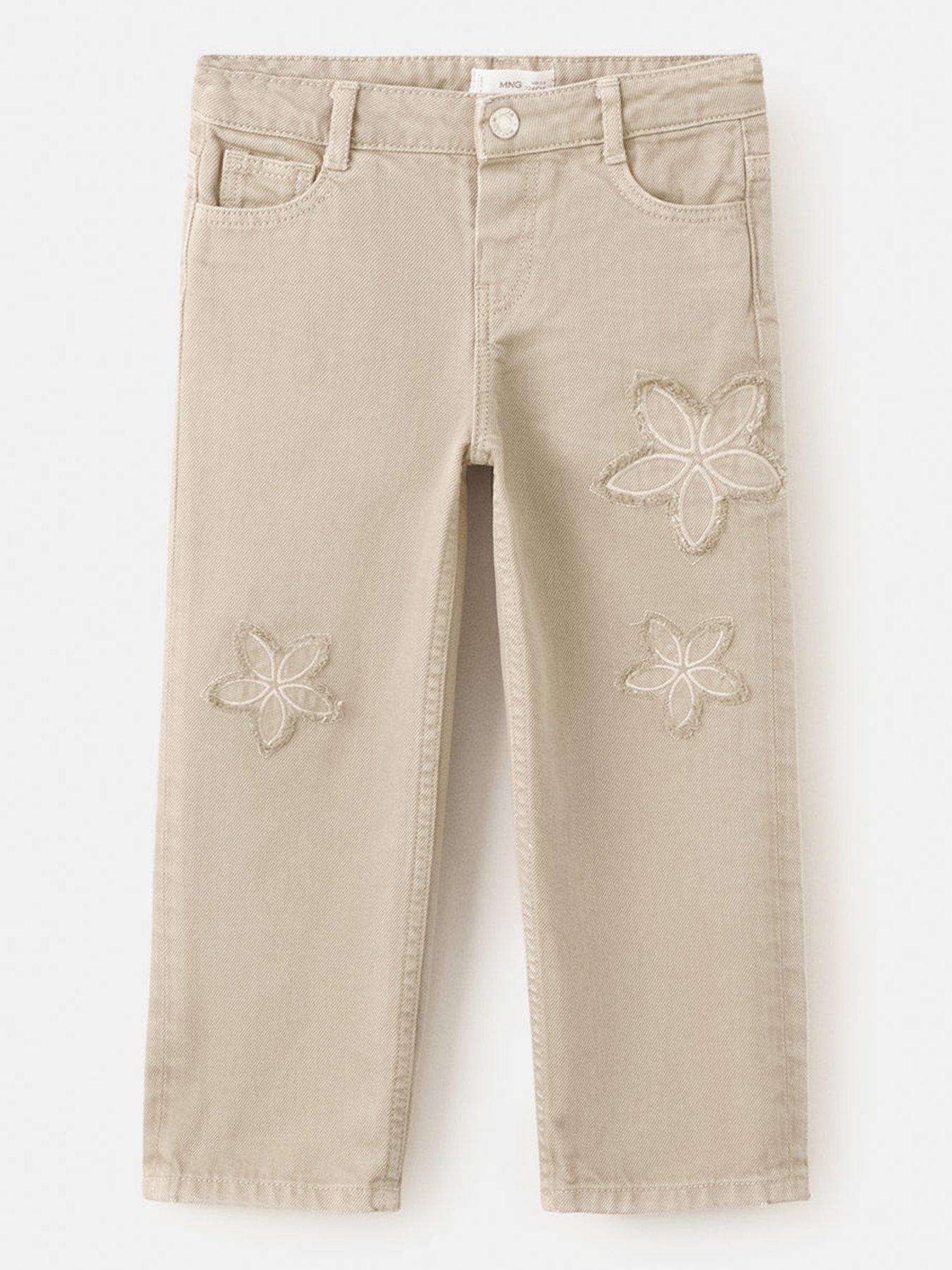 Mango Younger Girls Floral Patch Wide Leg Jeans - Medium Brown