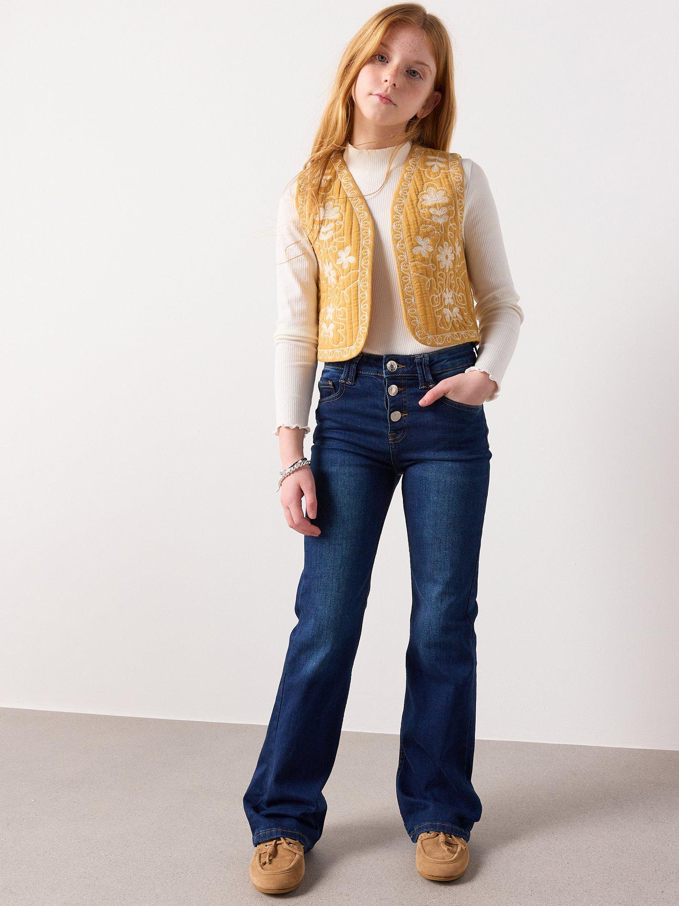 Image 1 of 7 of Mango Girls Button Up Flare Jeans - Dark Blue