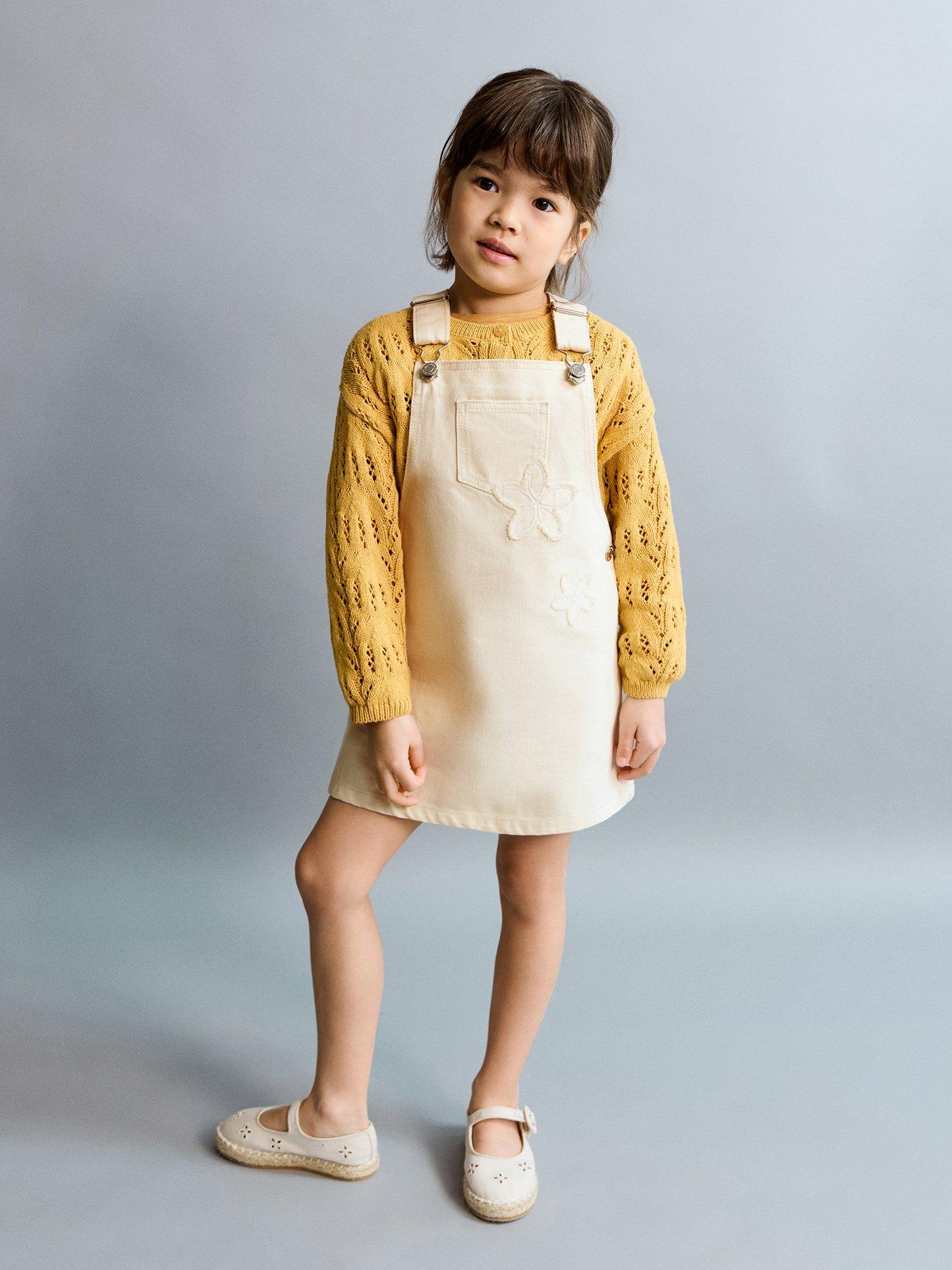 Mango Younger Girls Flower Patch Denim Dungaree Dress - Cream | Very