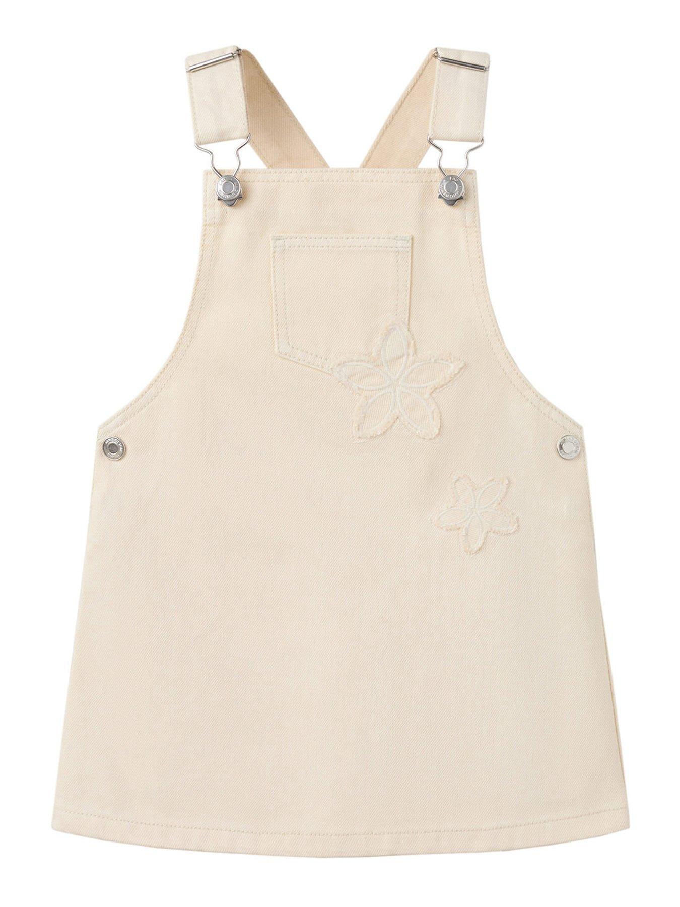 Mango Younger Girls Flower Patch Denim Dungaree Dress - Cream