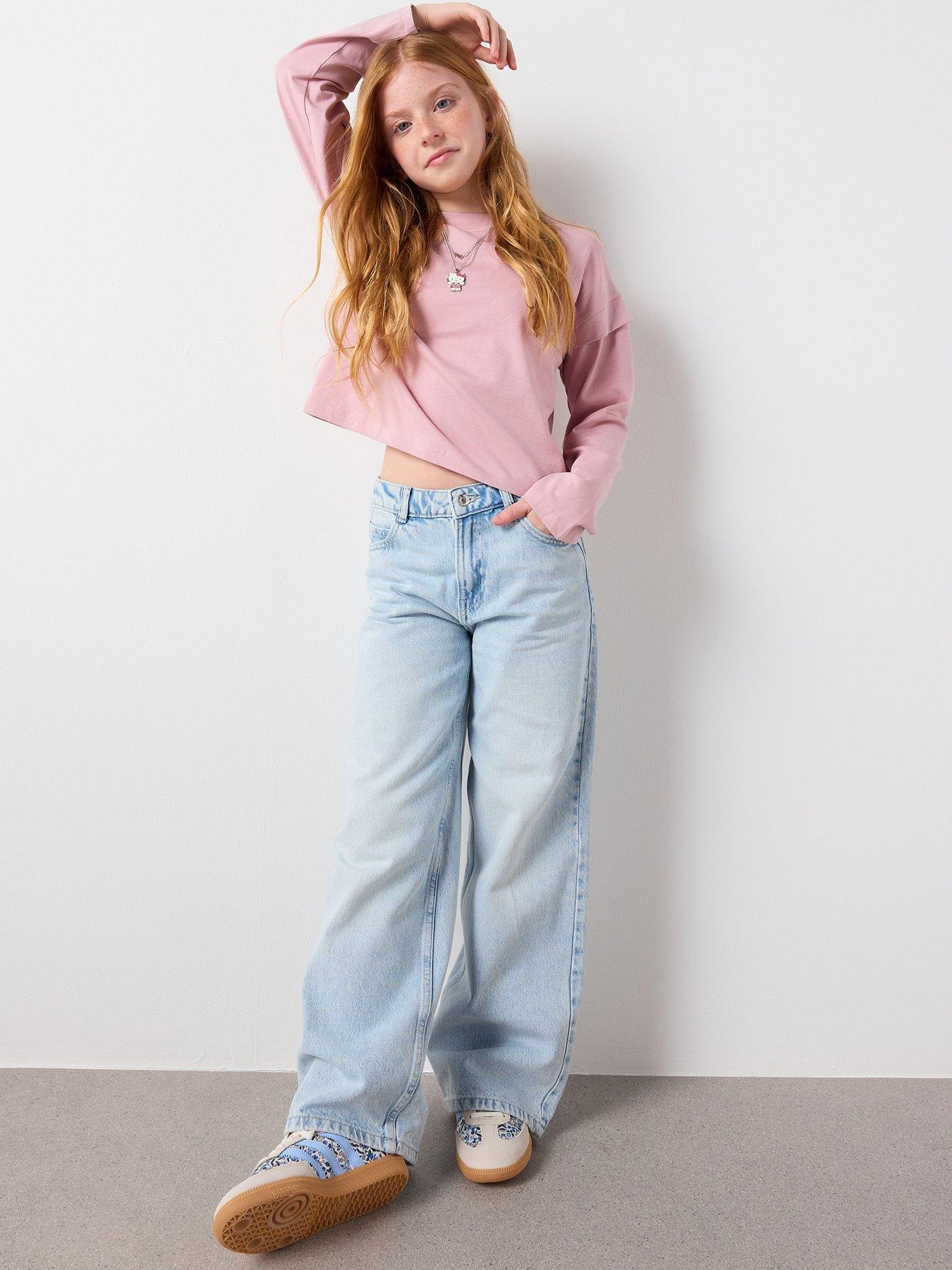 Mango Girls Heart Pocket Wide Leg Jeans, Light Blue, Size Age: 12 Years