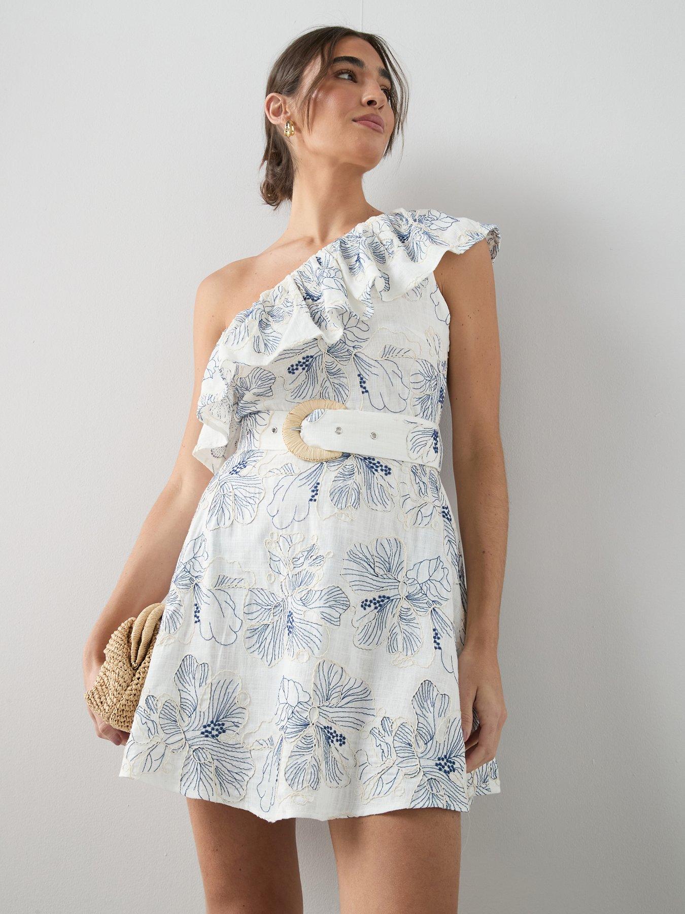 The Very Collection Broderie One Shoulder Belted Mini Dress - Off White