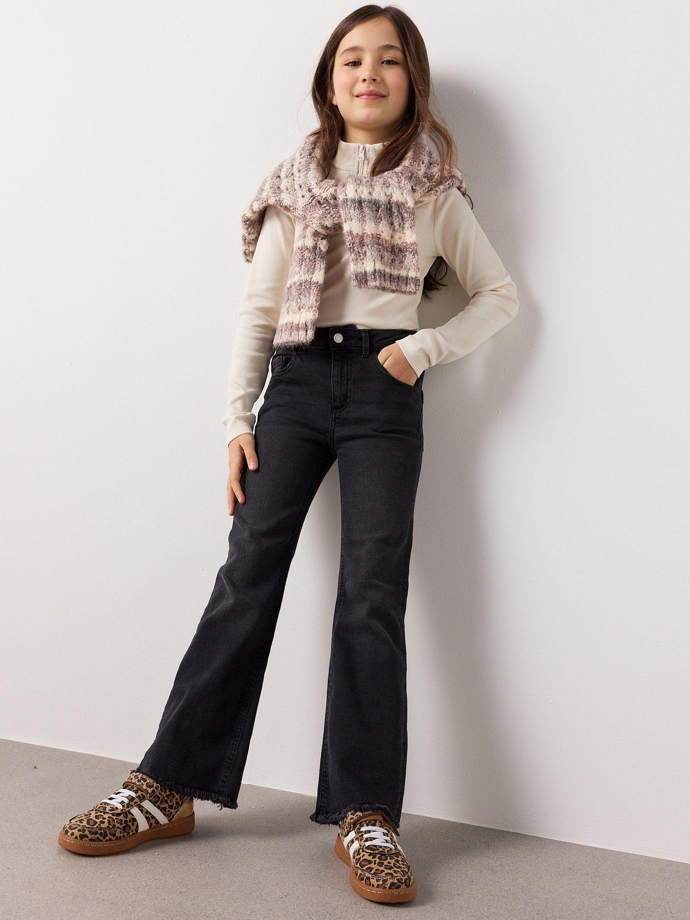 Mango: Girls Frayed Hem Flare Jeans - Black