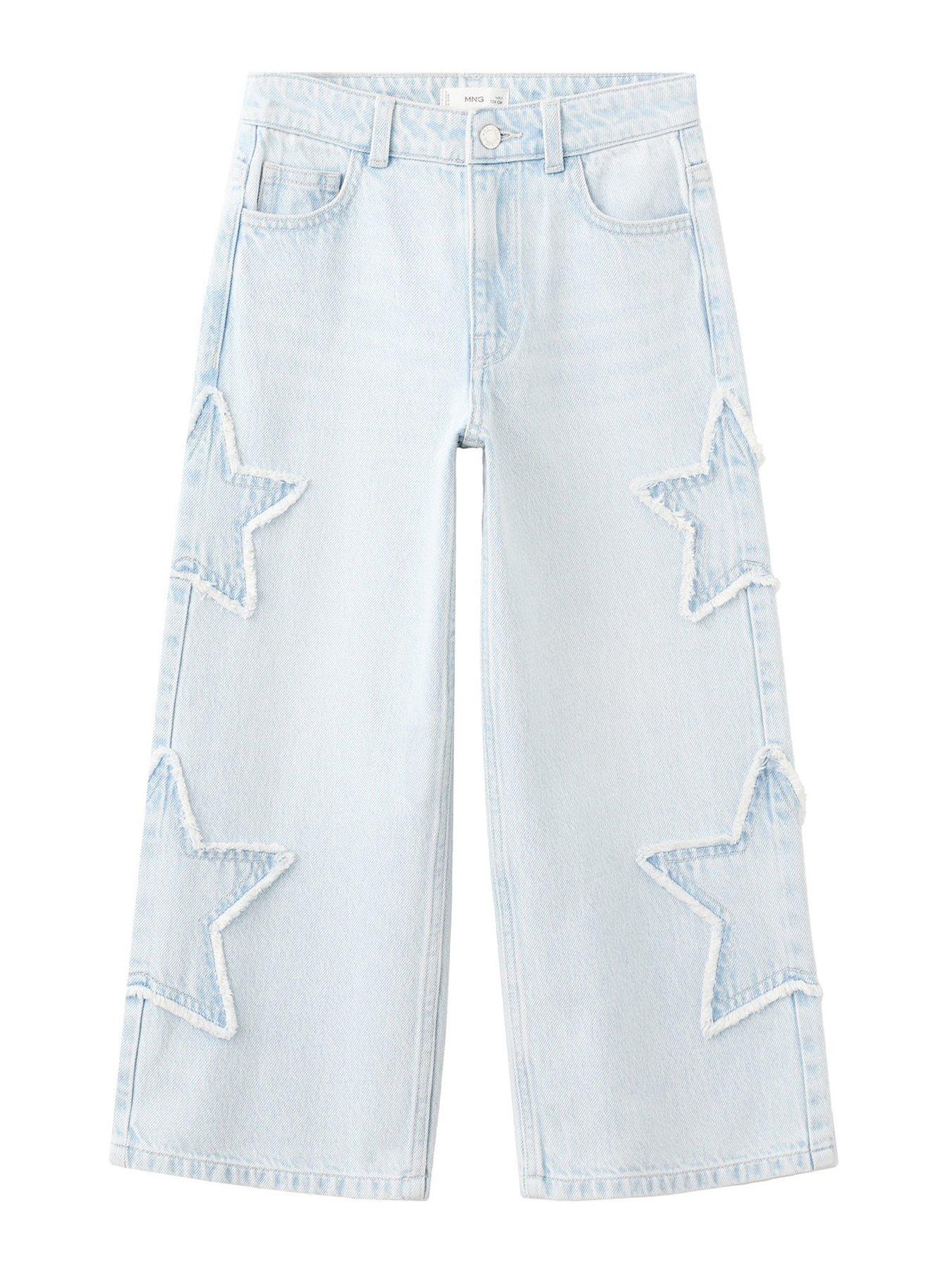 Image 2 of 5 of Mango Girls Star Patch Wide Leg Jeans - Light Blue