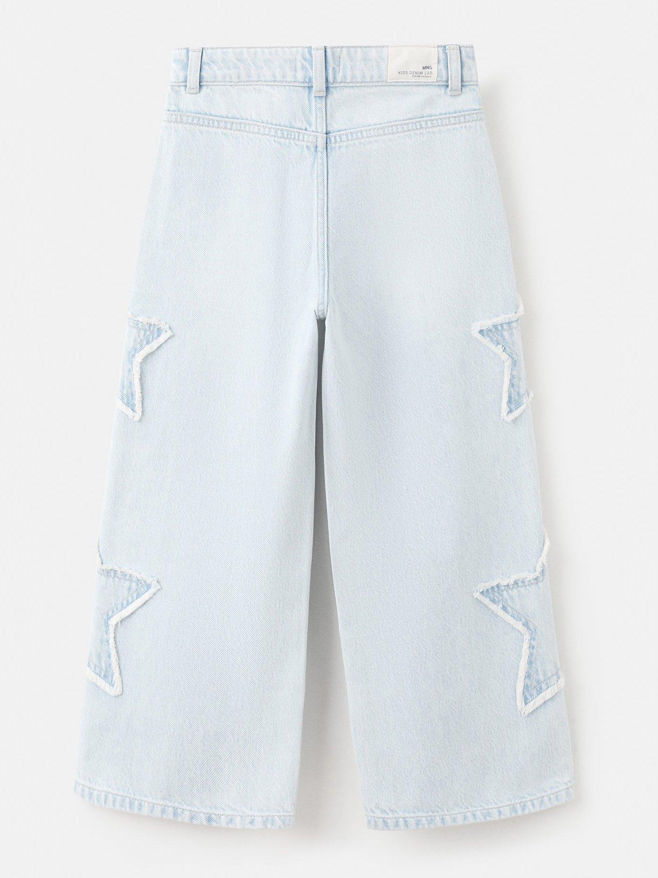 Image 3 of 5 of Mango Girls Star Patch Wide Leg Jeans - Light Blue