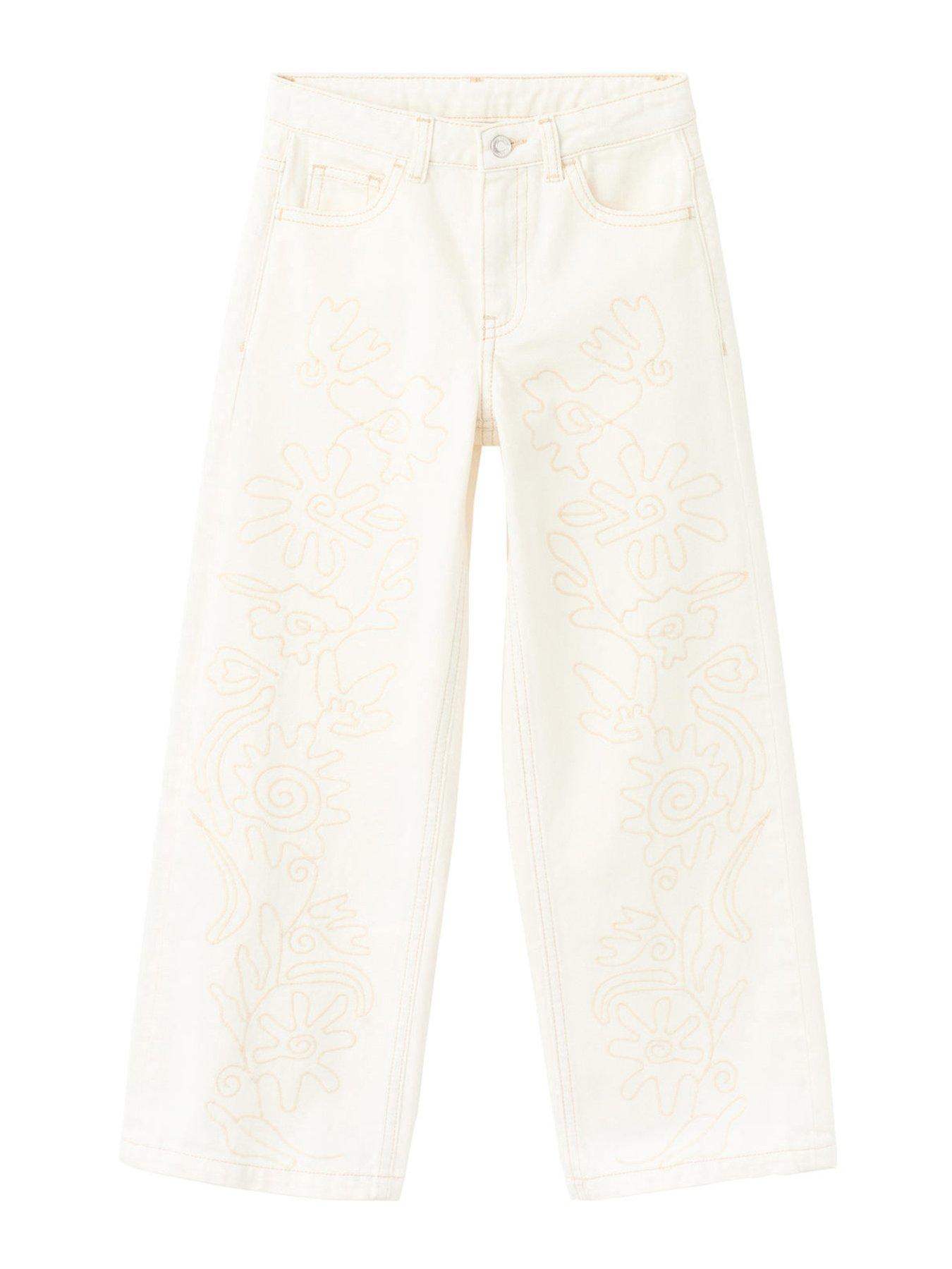 Mango Girls Floral Embroidered Wide Leg Denim Jeans - Cream