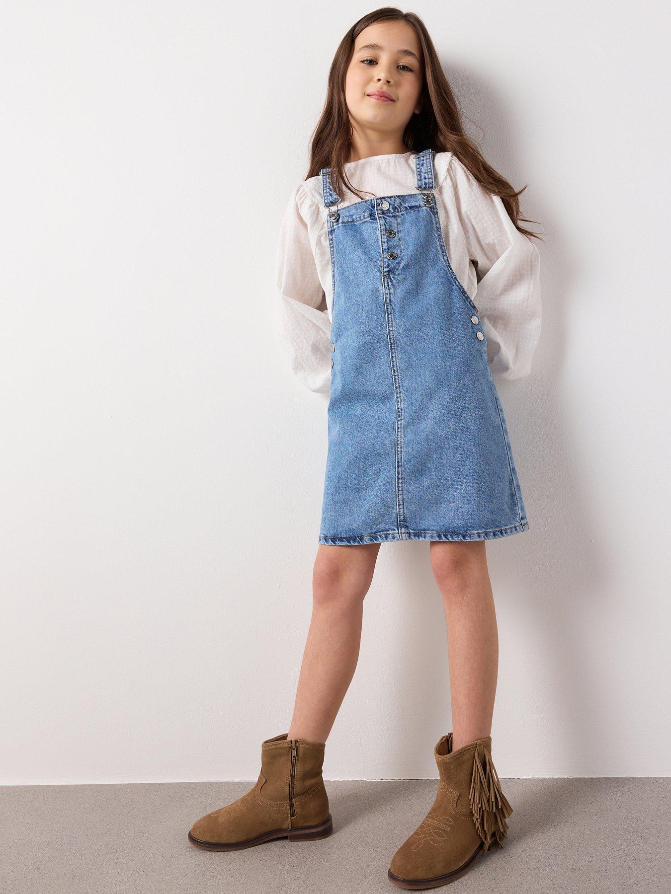 Mango Girls Denim Dungaree Dress - Blue