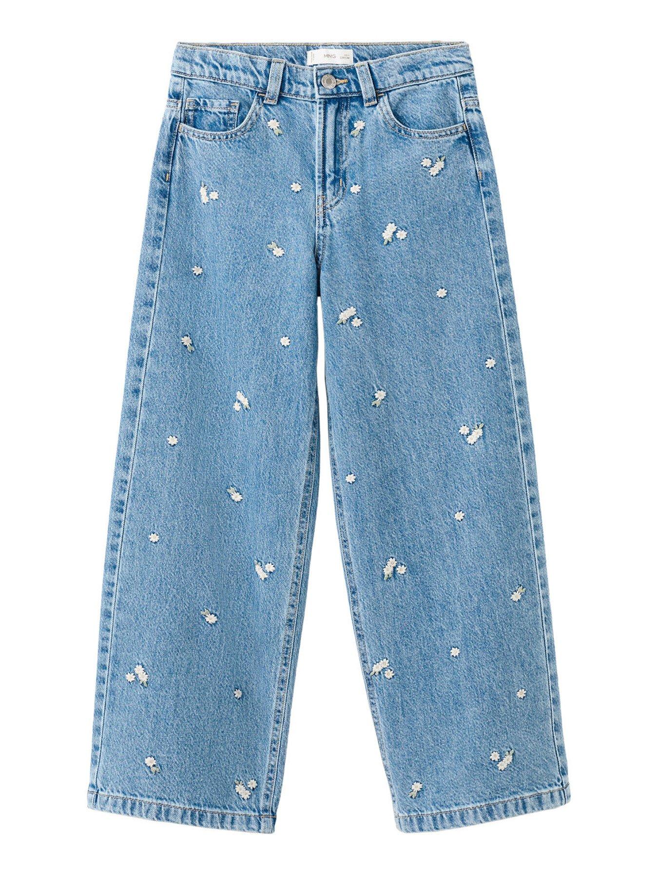 Mango Girls Daisy Embroidered Jeans - Blue