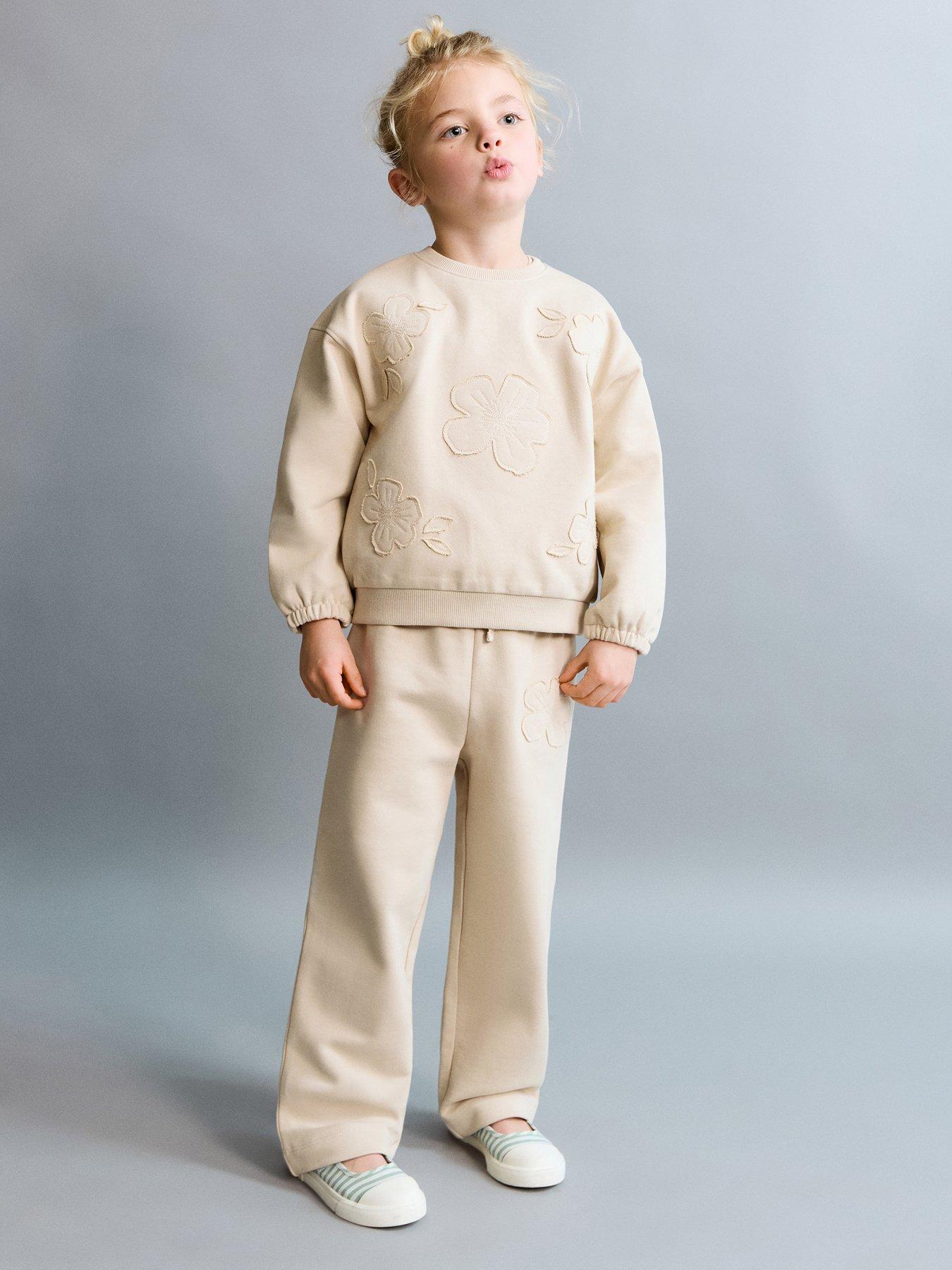 Mango Younger Girls Flower Badge Co Ord Sweatshirt, Beige, Size Age: 9-12 Months