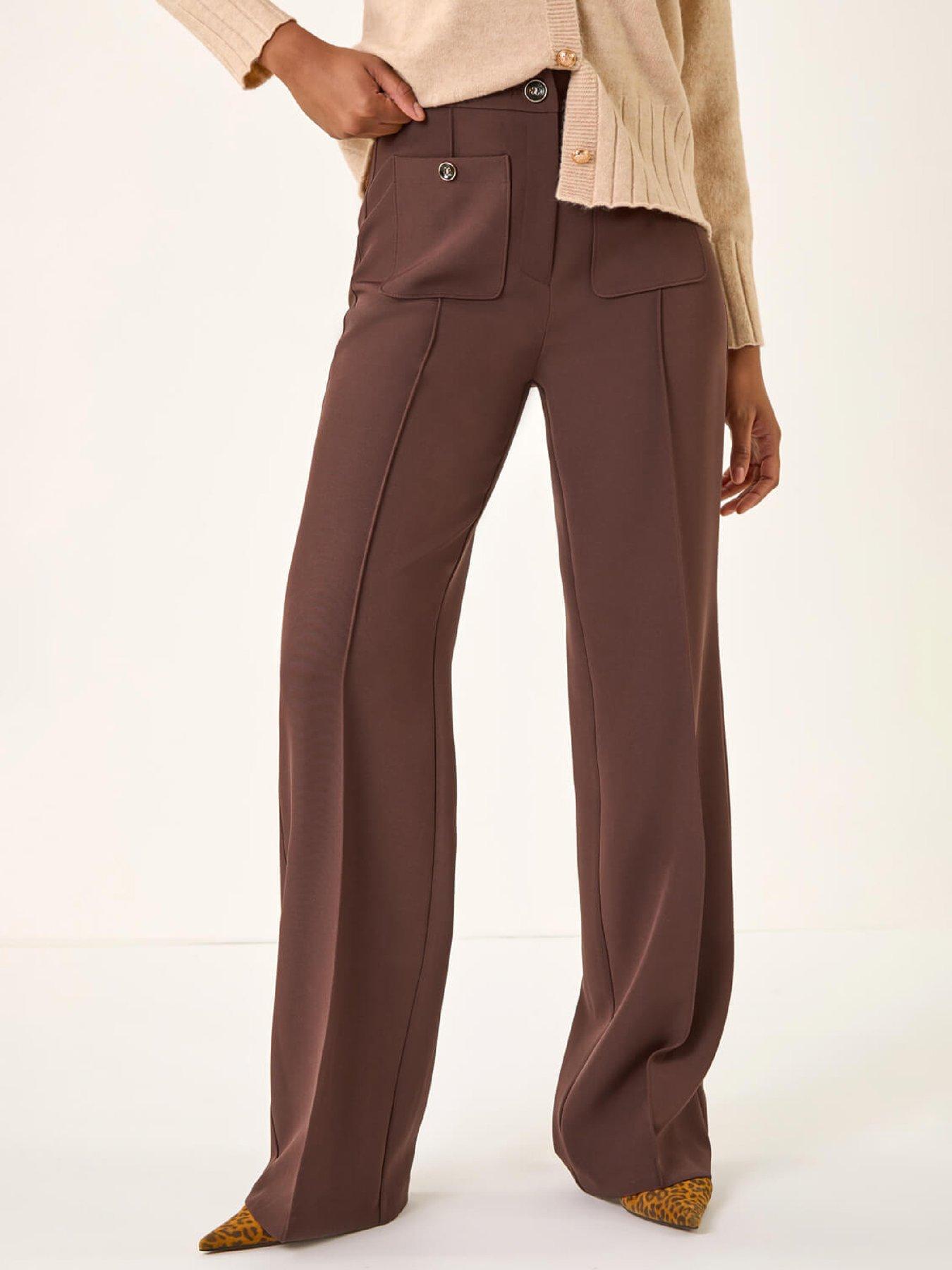 Roman Pocket Button Smart Stretch Trousers, Brown, Size 20, Women