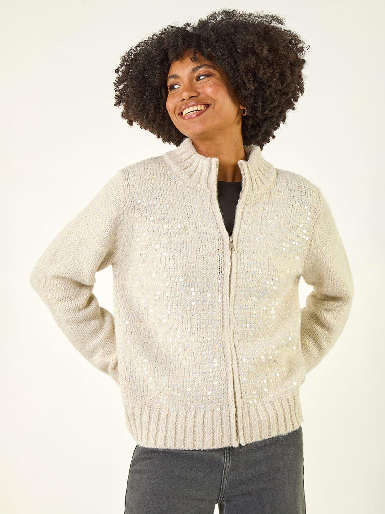 Image 1 of 5 of Roman Sequin Zip Knit Cardigan - Light Grey