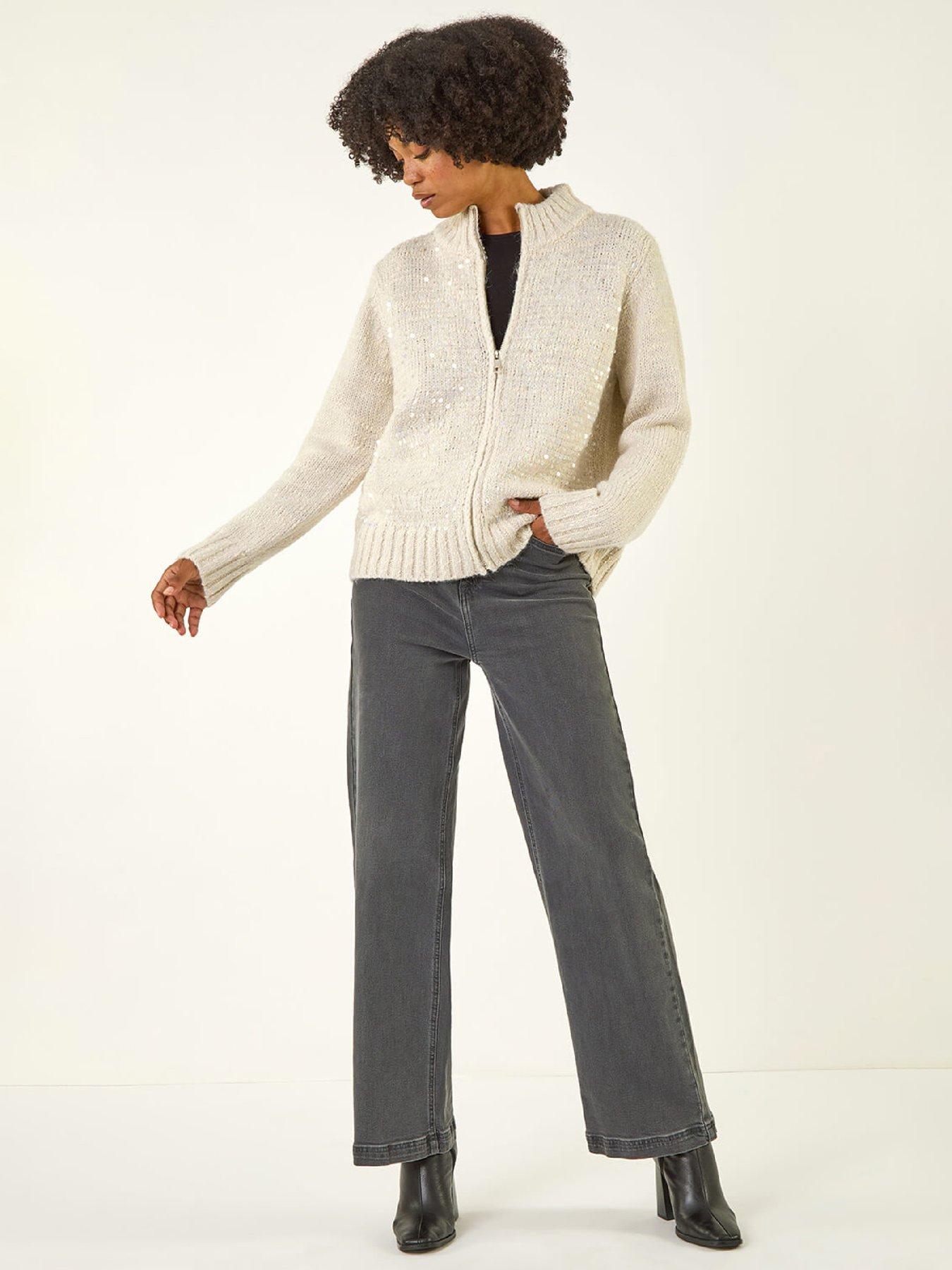 Image 3 of 5 of Roman Sequin Zip Knit Cardigan - Light Grey