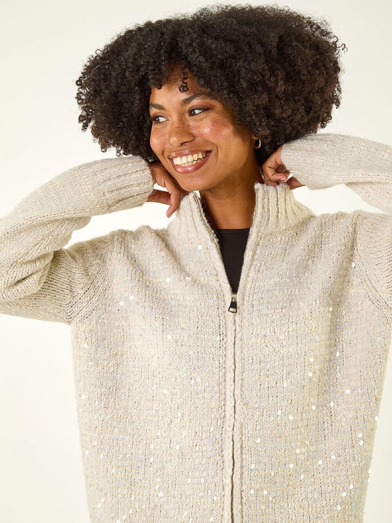 Image 4 of 5 of Roman Sequin Zip Knit Cardigan - Light Grey