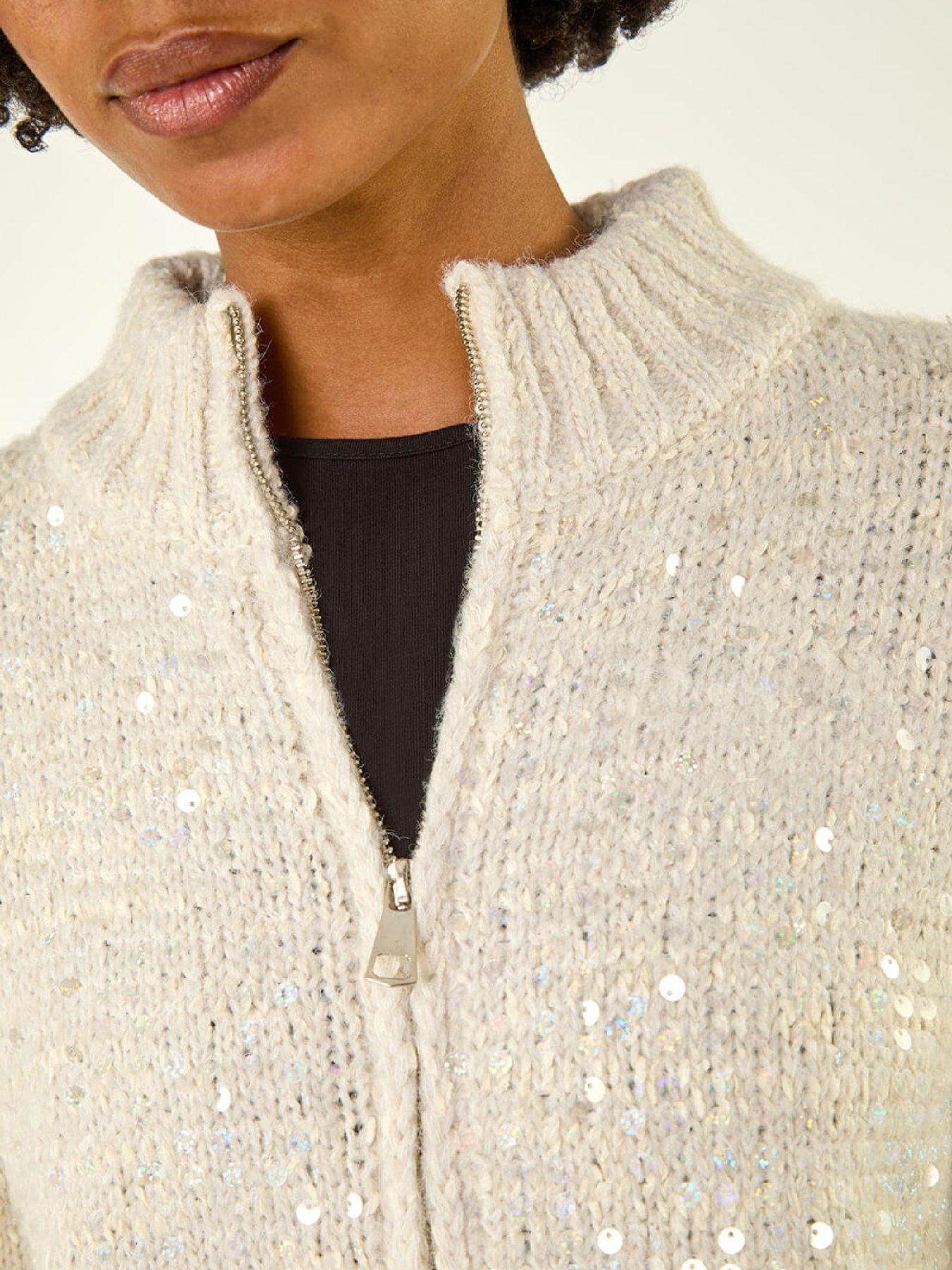Image 5 of 5 of Roman Sequin Zip Knit Cardigan - Light Grey