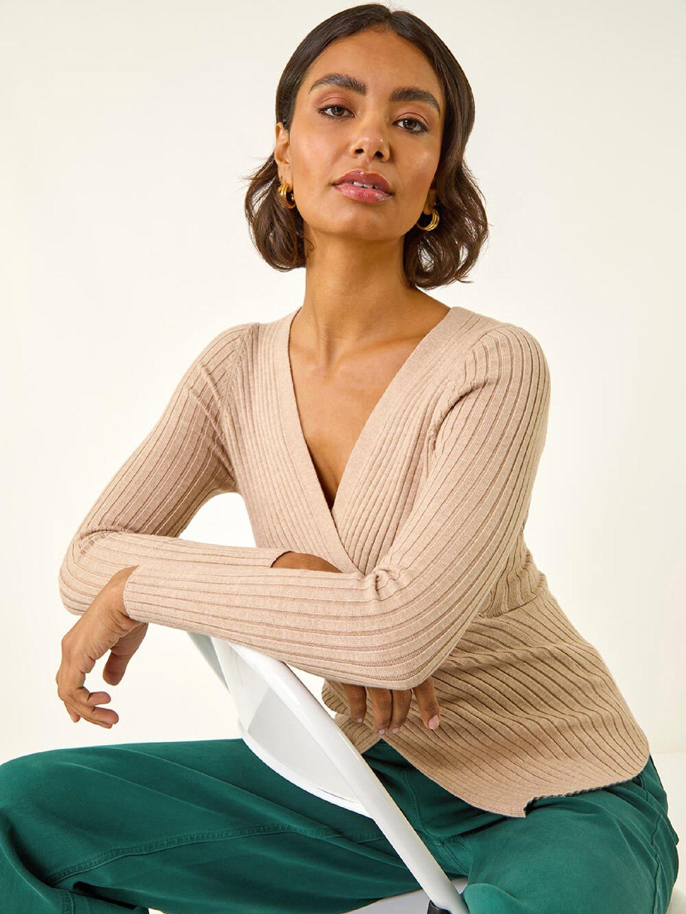 Image 4 of 5 of Roman Wrap Front Ribbed Knit Top - Stone
