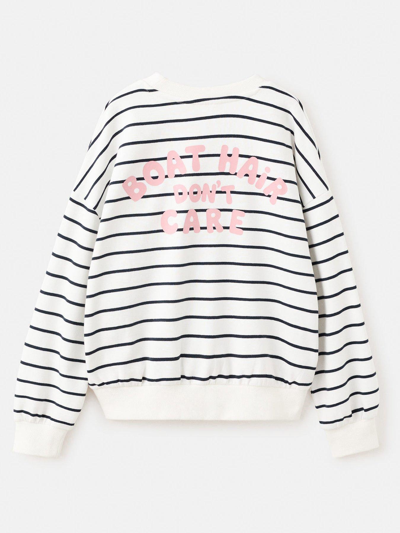 Image 1 of 4 of Mango Girls Striped Boat Back Print Sweatshirt - Light Cream