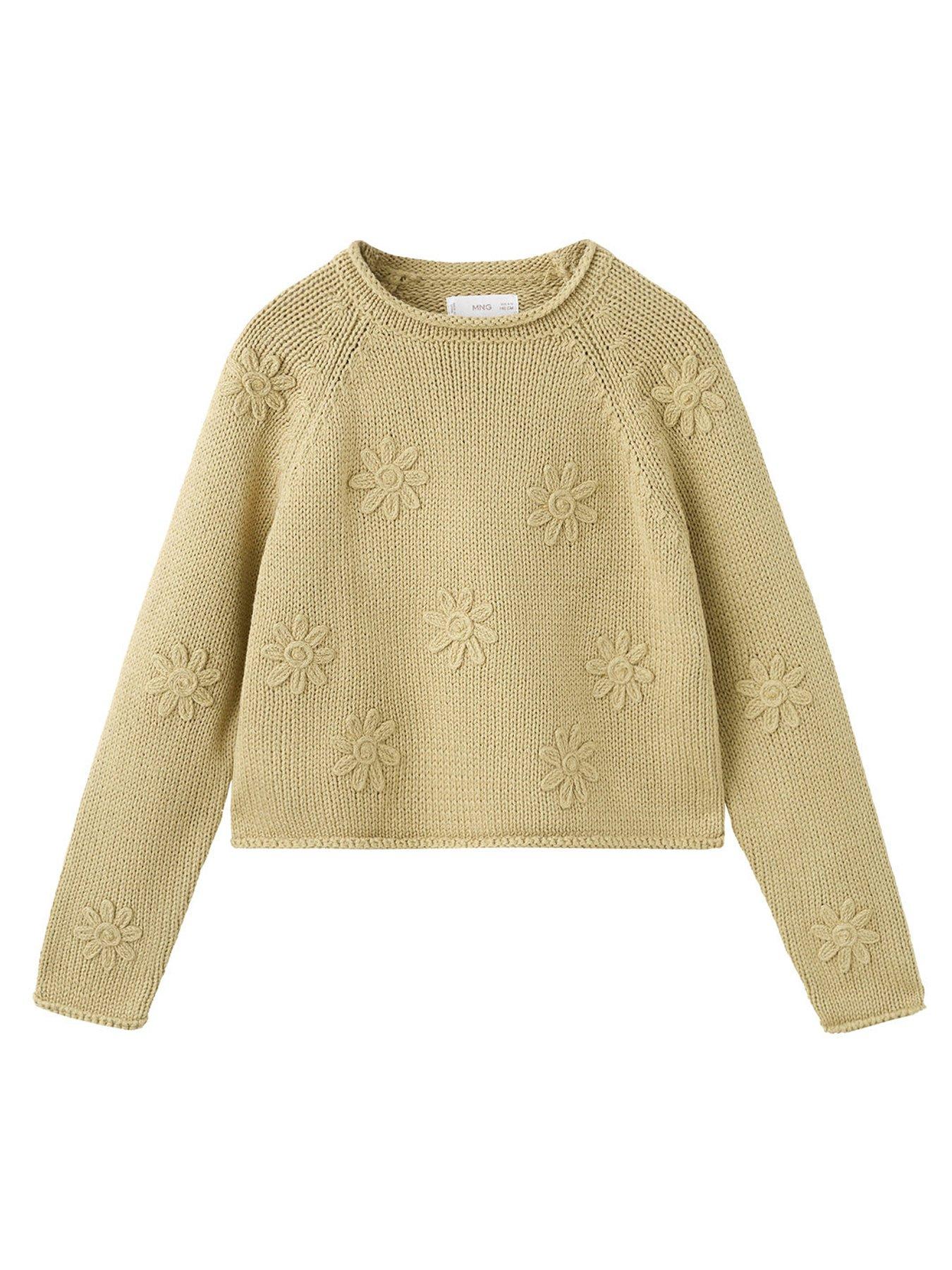 Mango Girls Flower Knitted Crew Neck Jumper, Green, Size Age: 11-12 Years