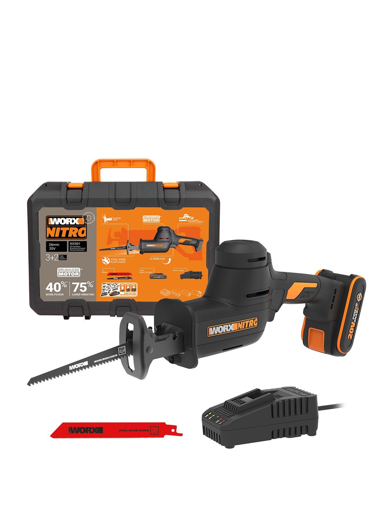 Worx 20V PowerShare 26mm Cordless Brushless Reciprocating Saw with x1 2.0Ah Battery  &  Charger