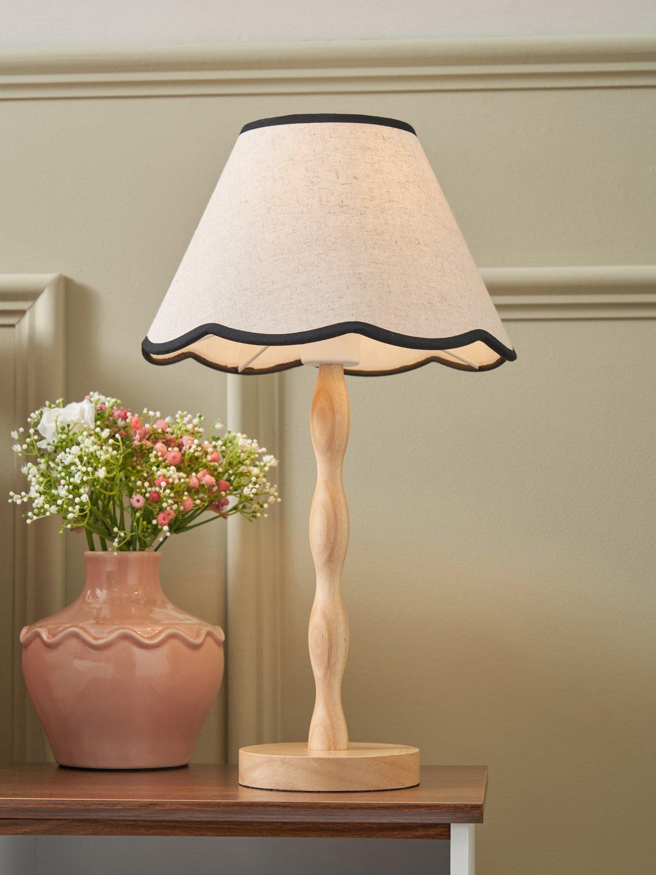 The Very Collection Scalloped Shade Spindle Base Table Lamp With Natural Wood Finish