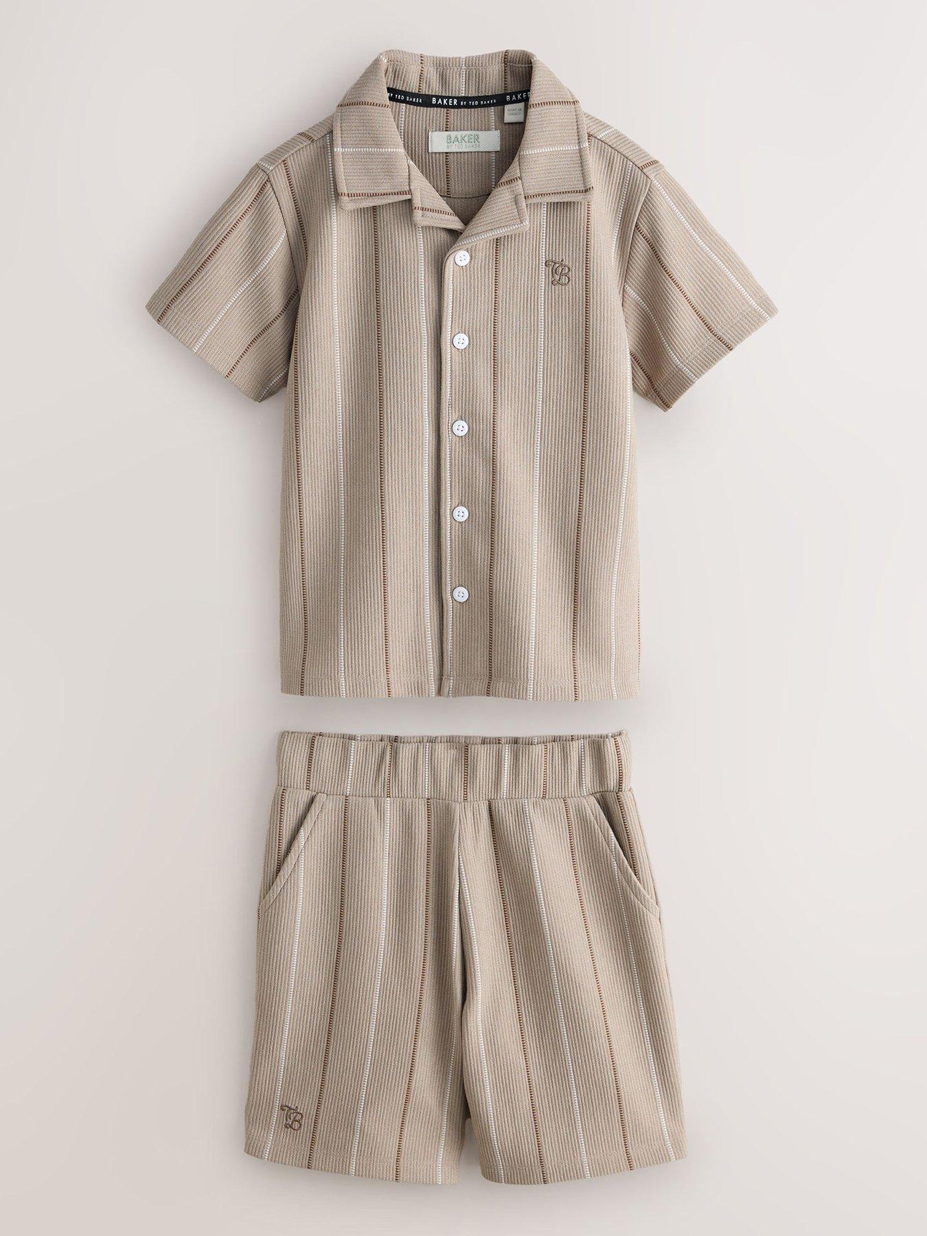 Ted Baker Boys Striped Textured Shirt and Shorts Set - Brown