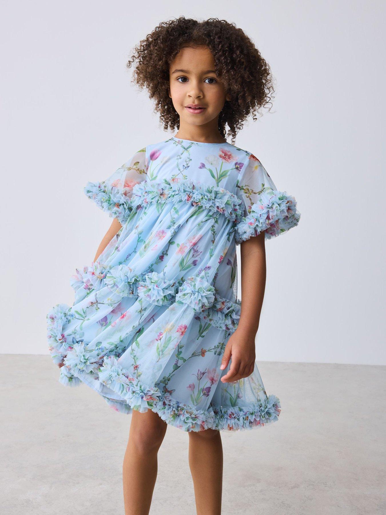 Image 1 of 7 of Ted Baker Younger Girls Floral Mesh Occasion Dress - Blue