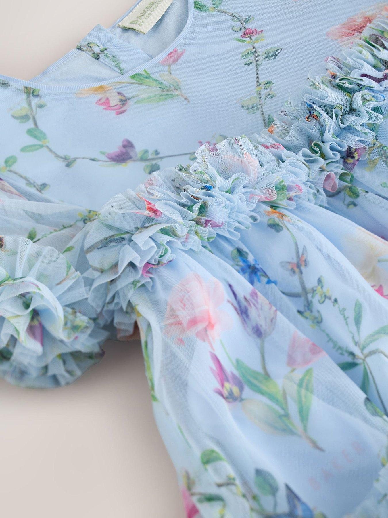 Image 4 of 7 of Ted Baker Younger Girls Floral Mesh Occasion Dress - Blue