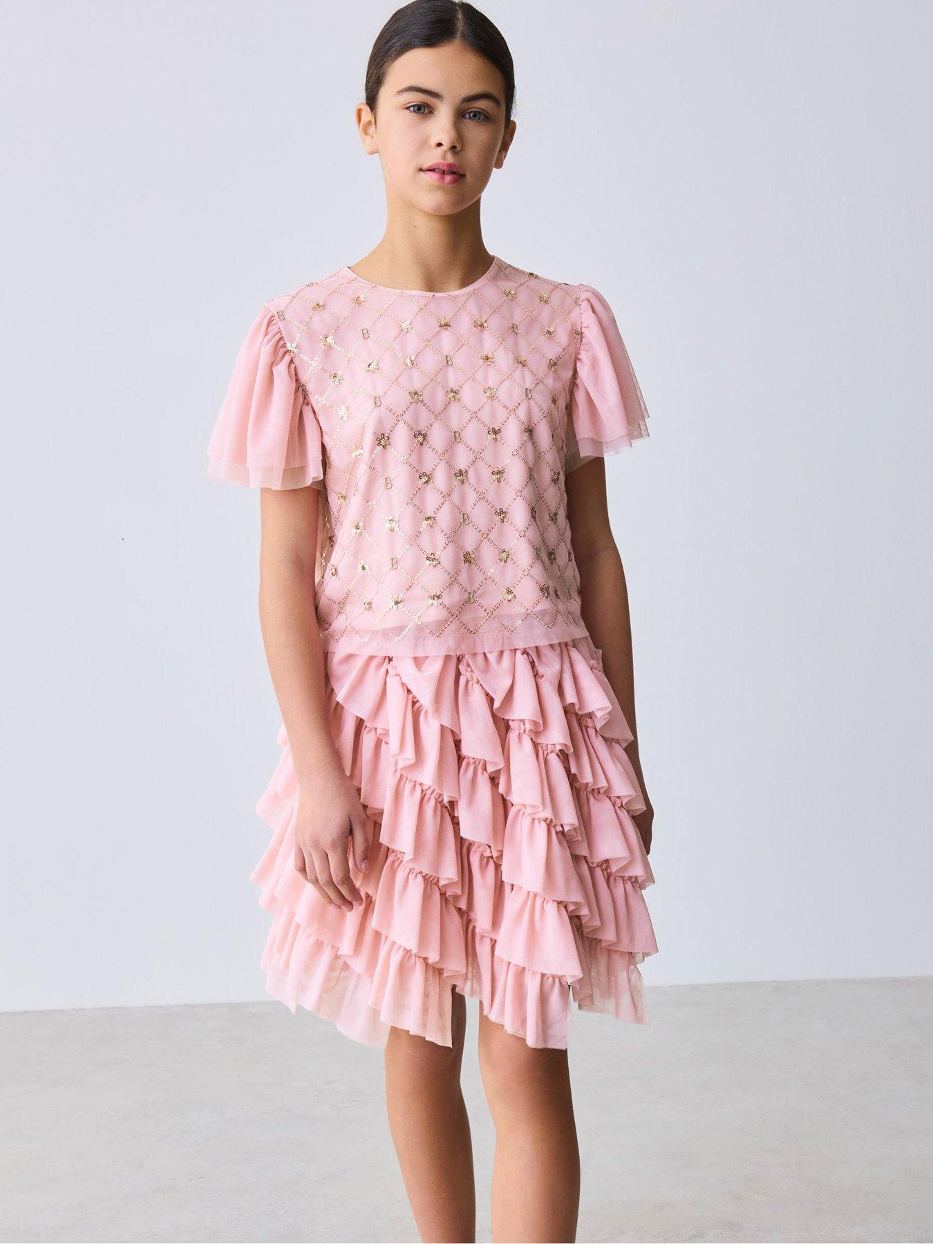 Ted Baker Older Girls Embellished Short Sleeve Top and Frill Skirt Set - Pink