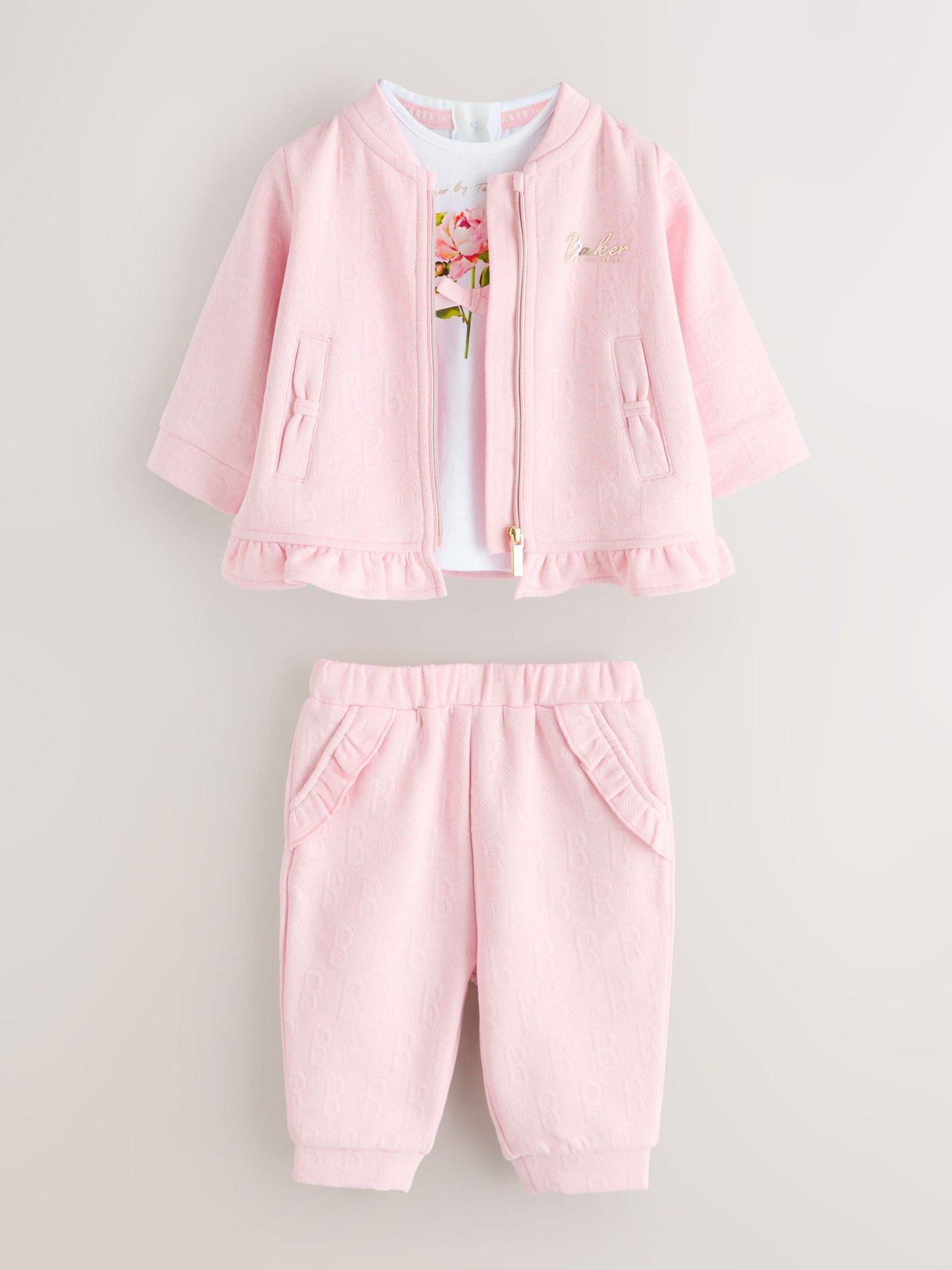 Ted Baker Baby Girls 3 Piece Frilled Jacket, Joggers  &  T-Shirt Set - Pink