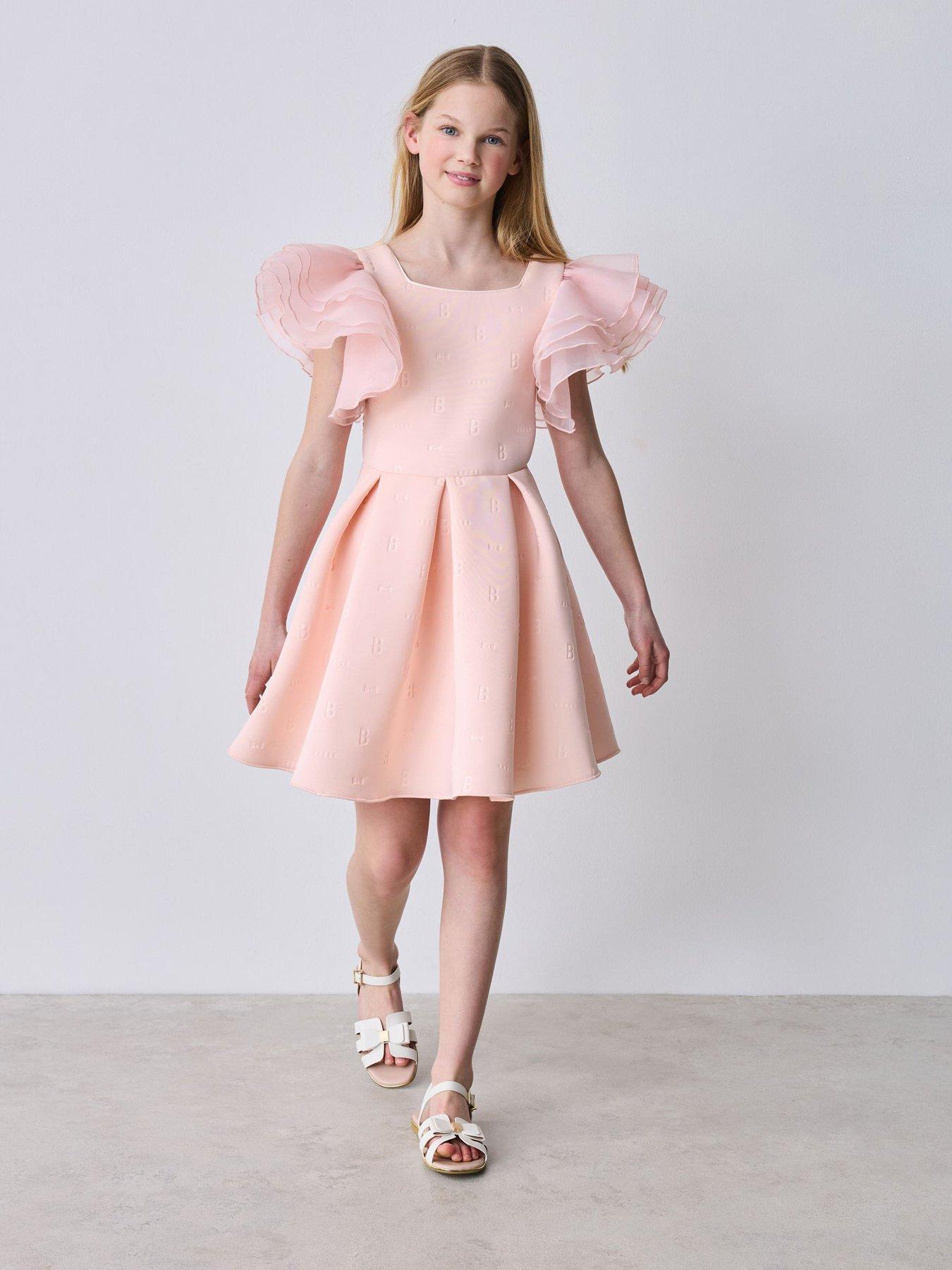 Image 1 of 5 of Ted Baker Girls Frill Sleeve Embossed Scuba Dress - Pink