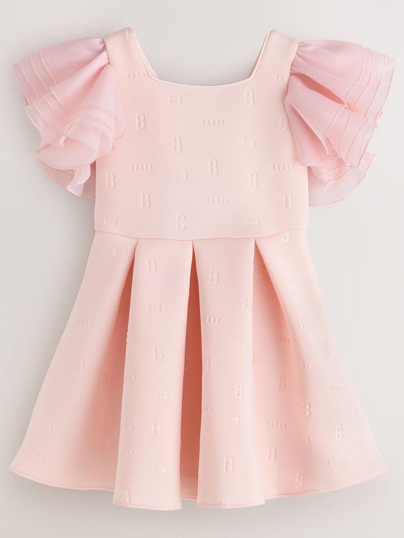 Image 2 of 5 of Ted Baker Girls Frill Sleeve Embossed Scuba Dress - Pink