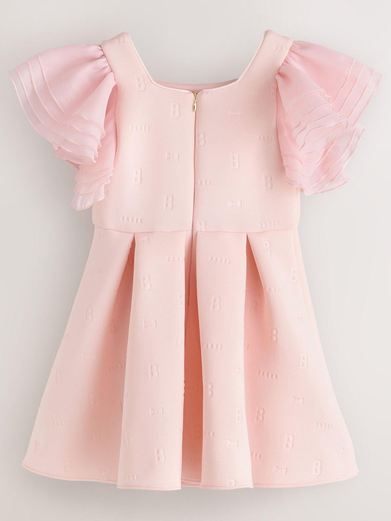 Image 3 of 5 of Ted Baker Girls Frill Sleeve Embossed Scuba Dress - Pink