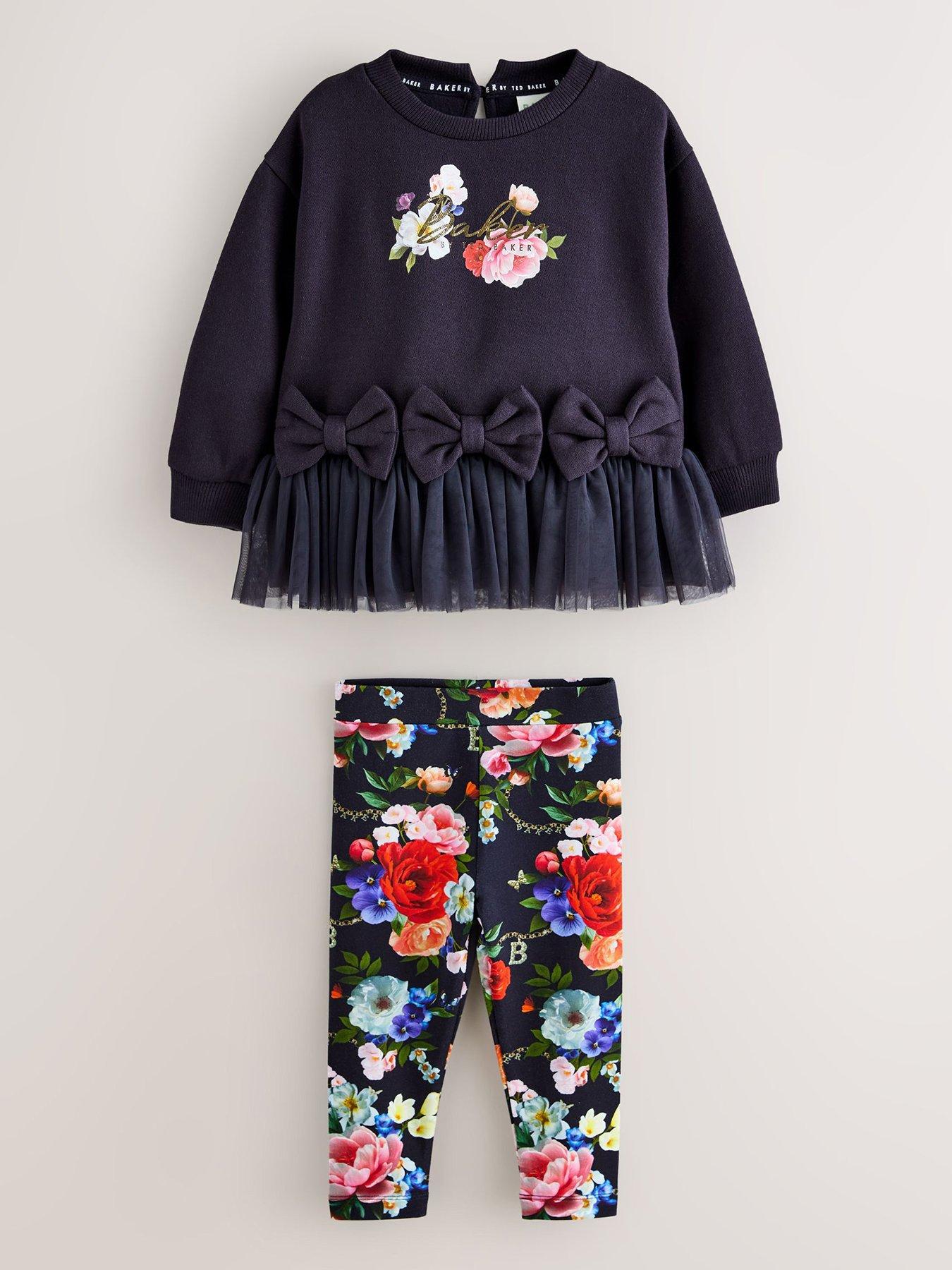 Ted Baker Girls Mesh Hem Bow Floral Set - Navy