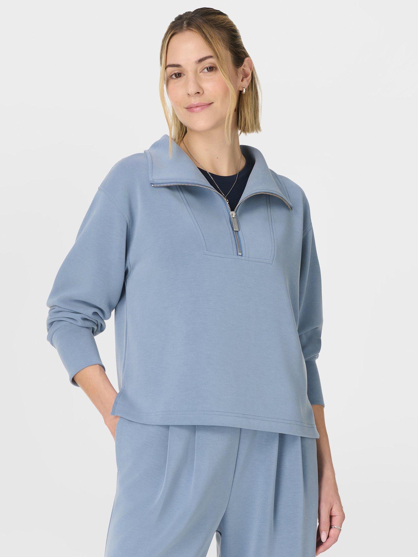 Image 4 of 7 of Sweaty Betty Womens Training Sand Wash Half Zip Crop Sweatshirt - Blue