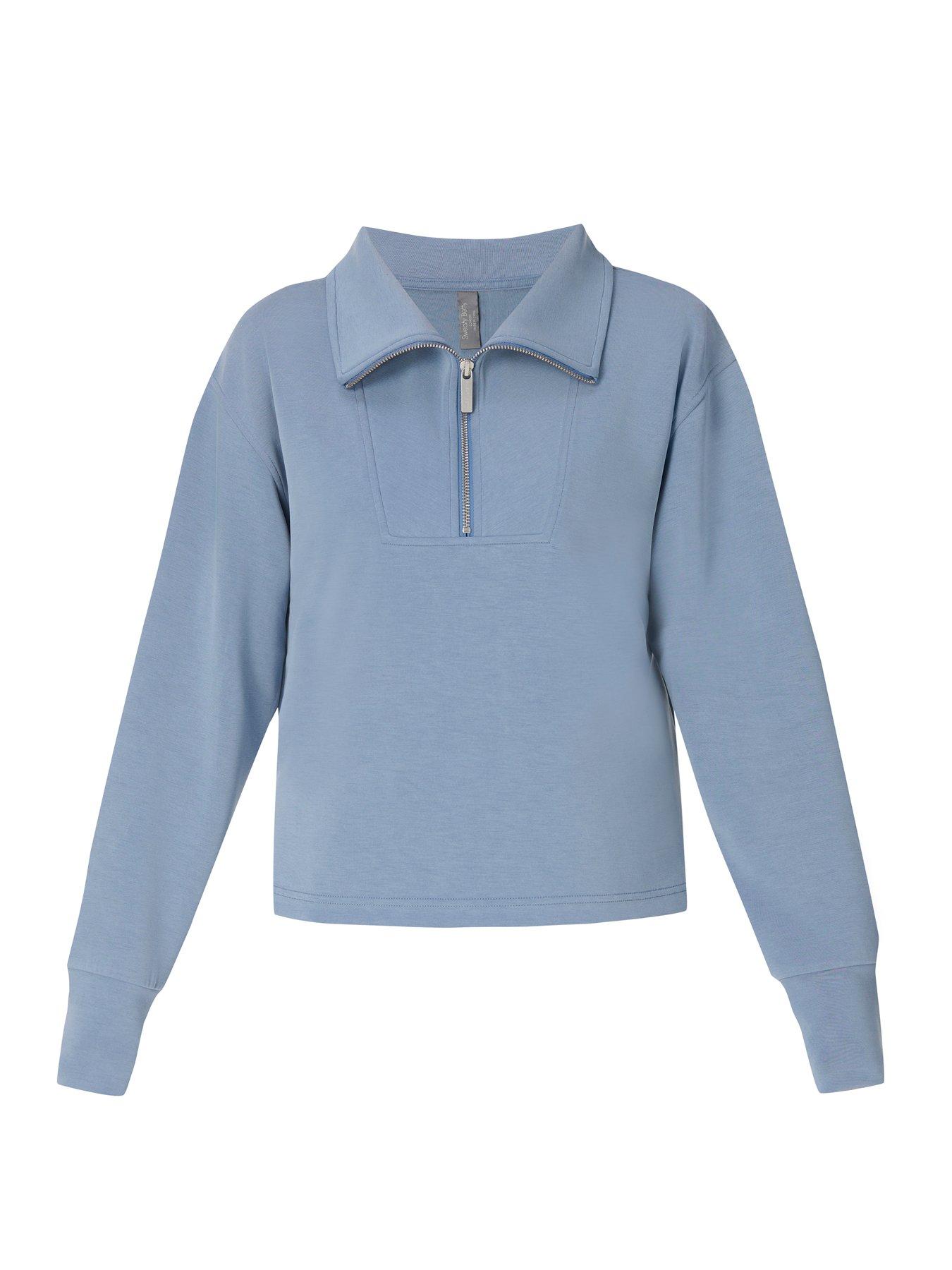 Image 7 of 7 of Sweaty Betty Womens Training Sand Wash Half Zip Crop Sweatshirt - Blue