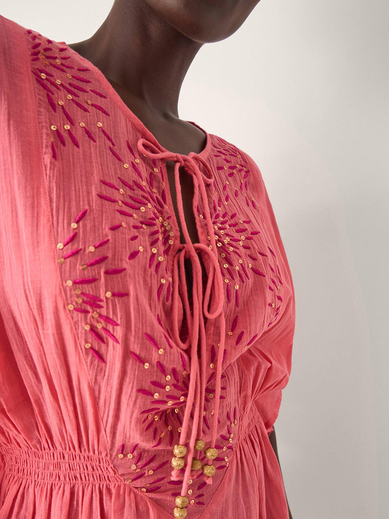 Image 3 of 5 of Monsoon Jada Embellished Mini Kaftan - Pink Rose