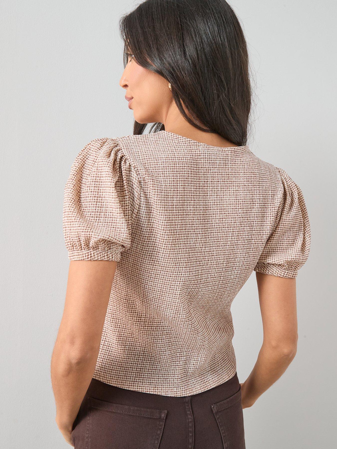 Image 2 of 6 of The Very Collection Gingham Puff Sleeve Button Up Top - Brown